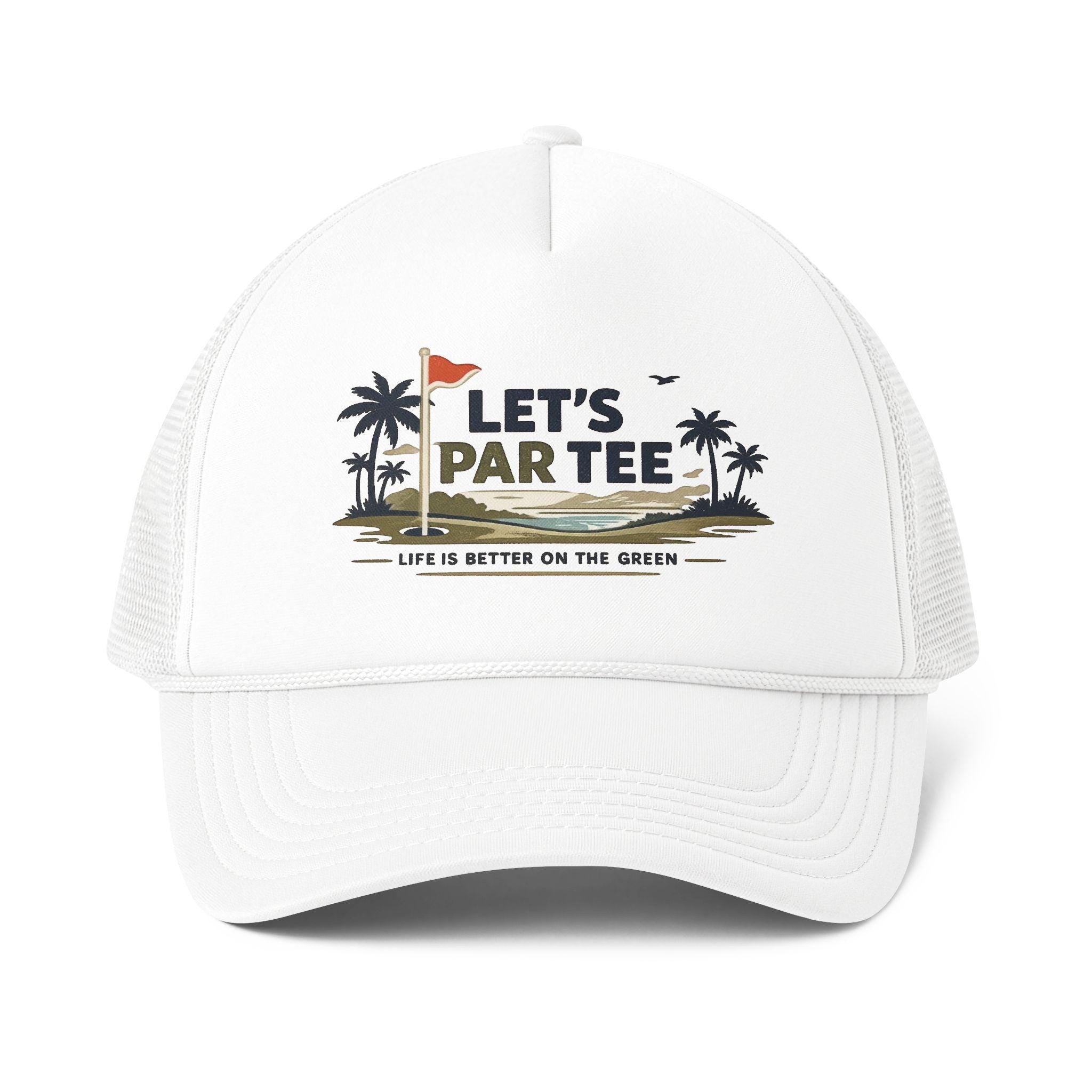 Let's Par Tee golf graphic Foam Mesh-Back Trucker Cap | golf course palm trees