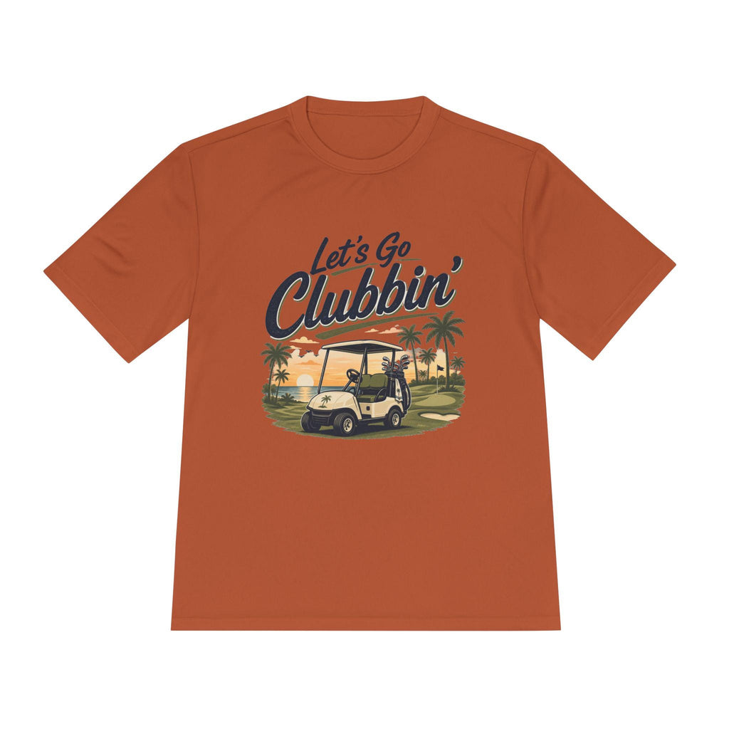 Let's Go Clubbin' Golf Cart Tee | Retro Palm Trees Sunset