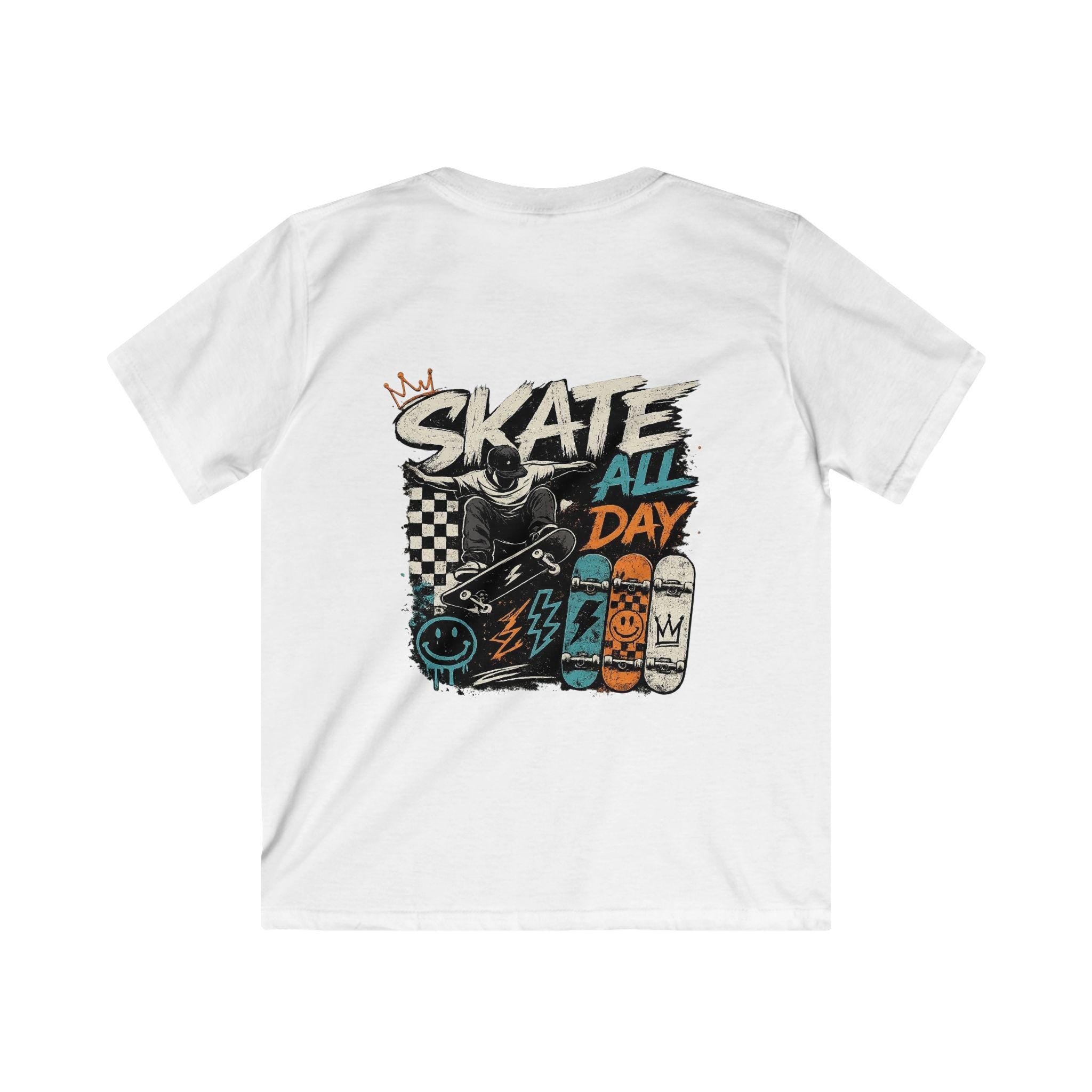 Skate All Day graphic Kids Tee | Skateboard deck art, checkerboard urban design