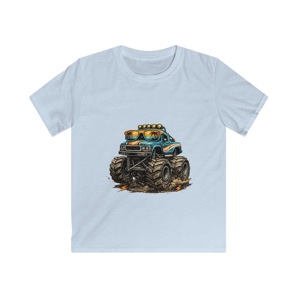 Blue Monster Truck Kids Tee | Muddy Offroad Vehicle Illustration