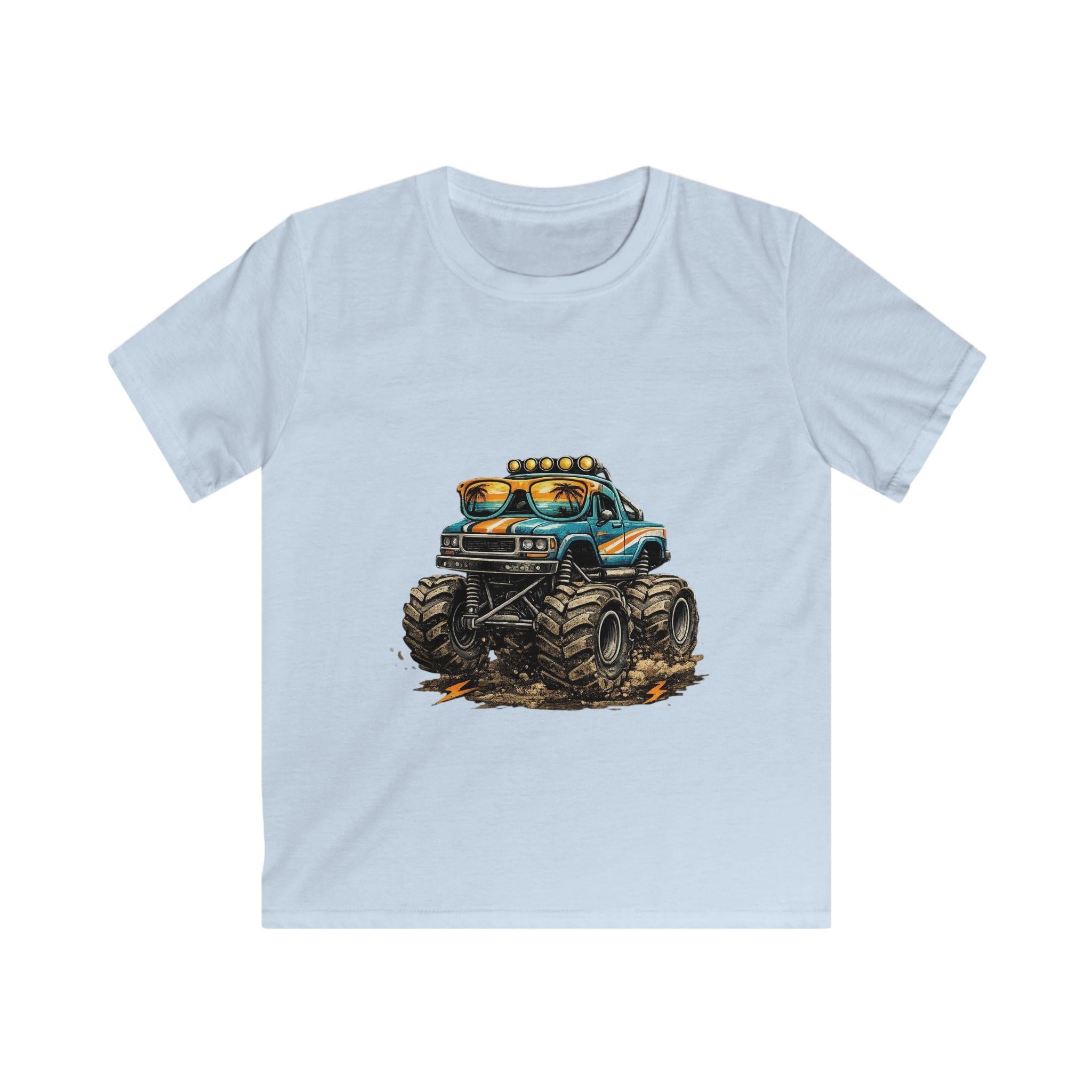 Blue Monster Truck Kids Tee | Muddy Offroad Vehicle Illustration