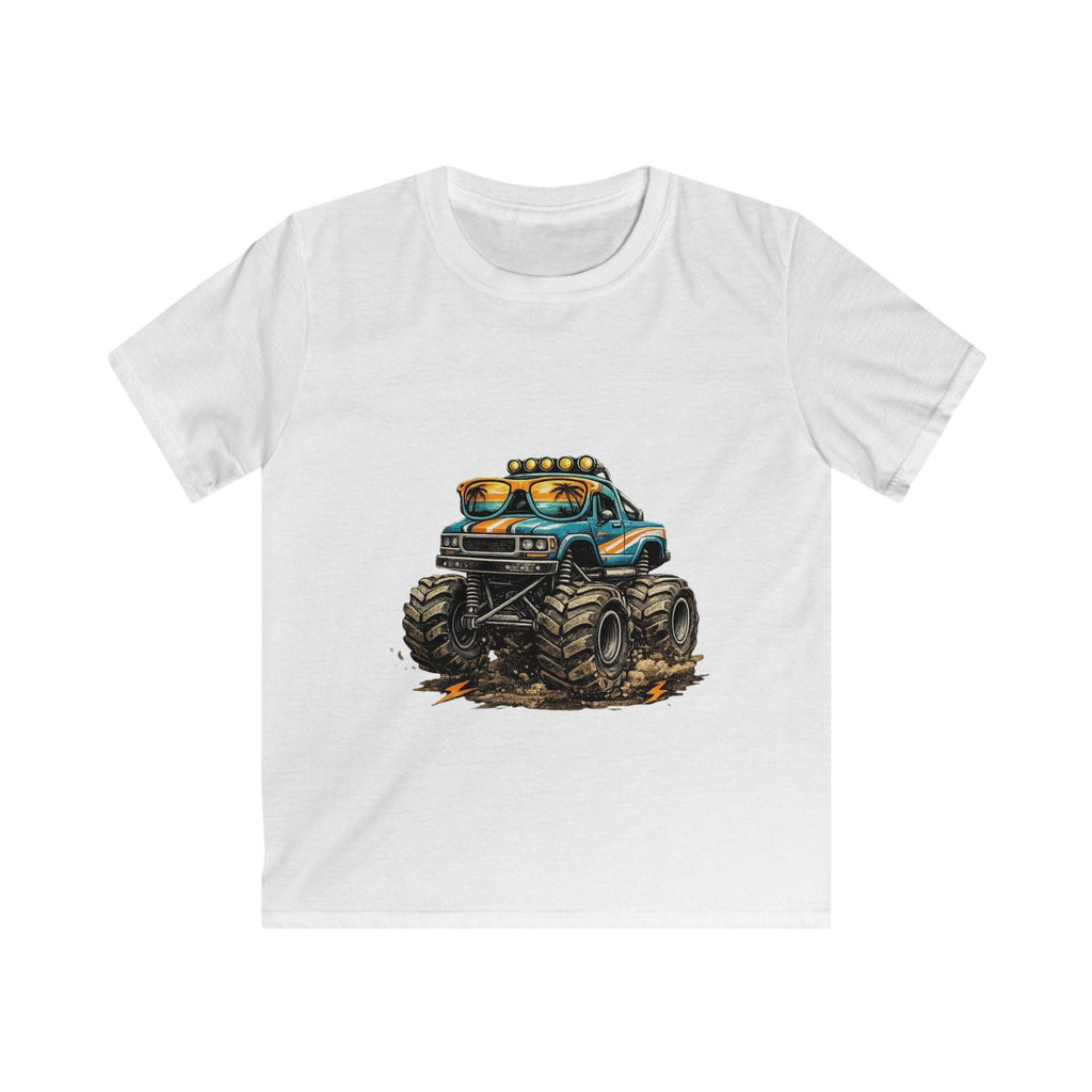 Blue Monster Truck Kids Tee | Muddy Offroad Vehicle Illustration