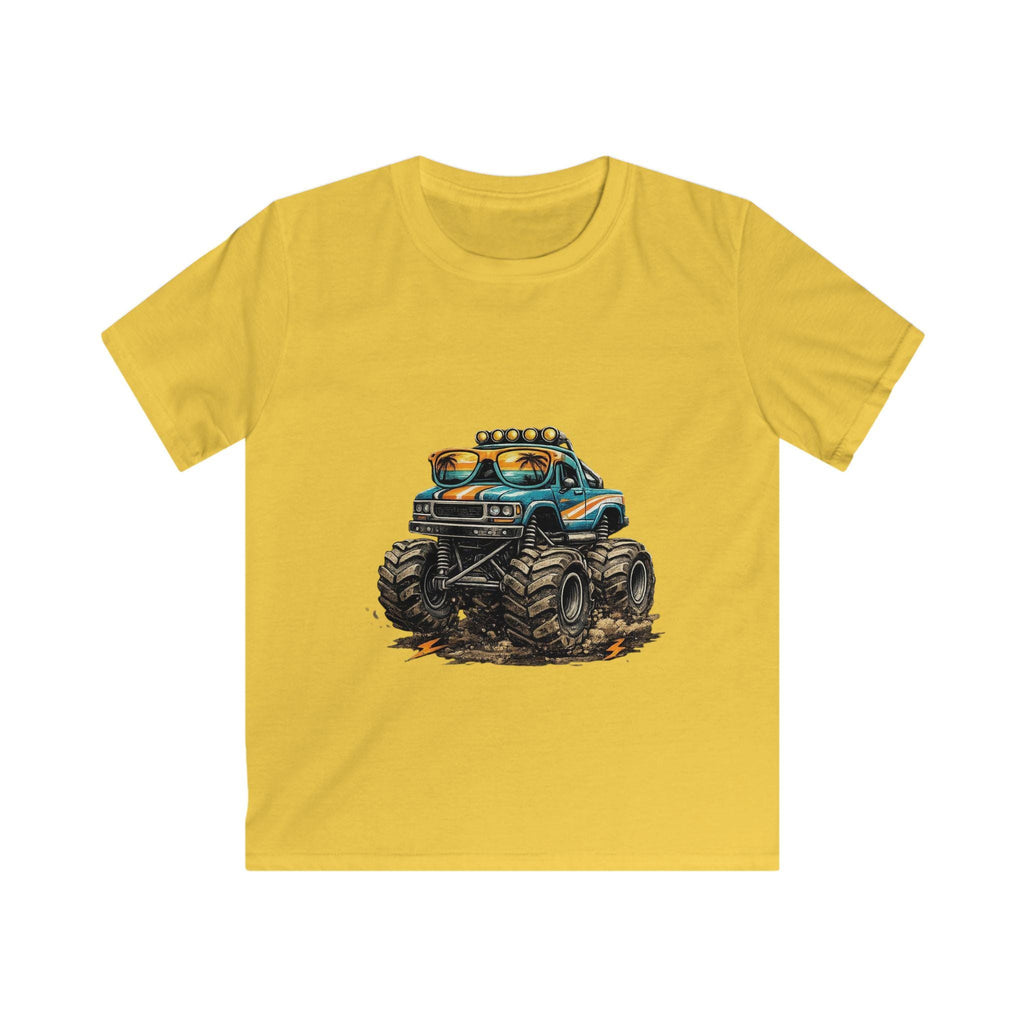 Blue Monster Truck Kids Tee | Muddy Offroad Vehicle Illustration