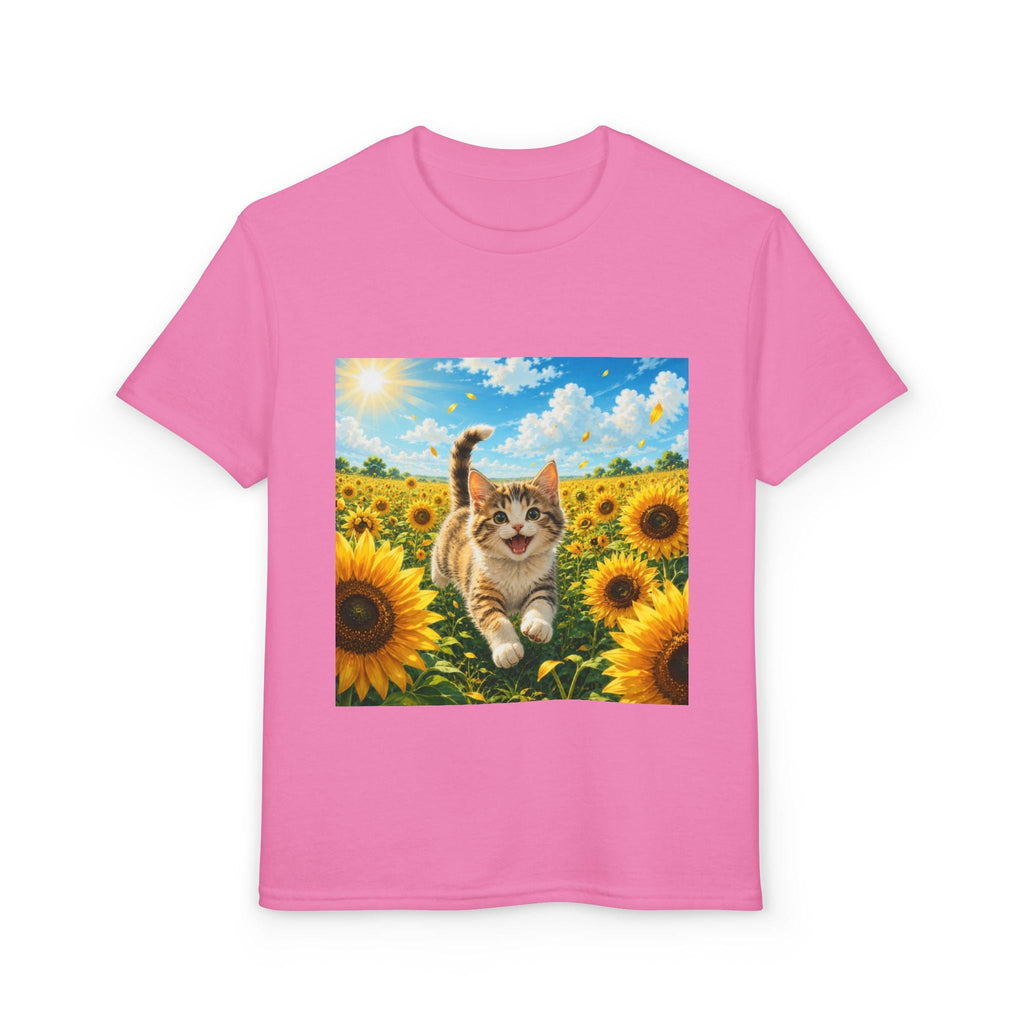 Playful Kitten in Sunflower Field Youth T-Shirt | Sunshine Cat Tee