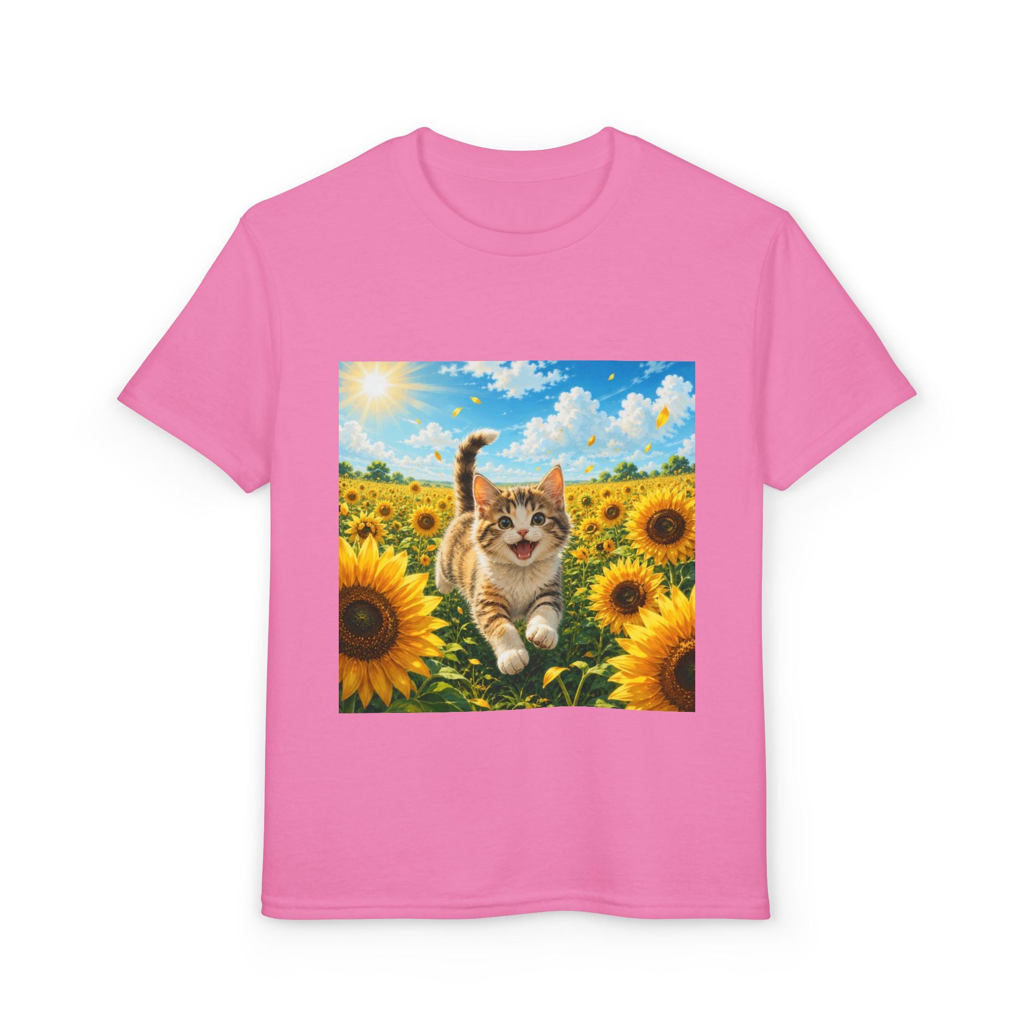Playful Kitten in Sunflower Field Youth T-Shirt | Sunshine Cat Tee
