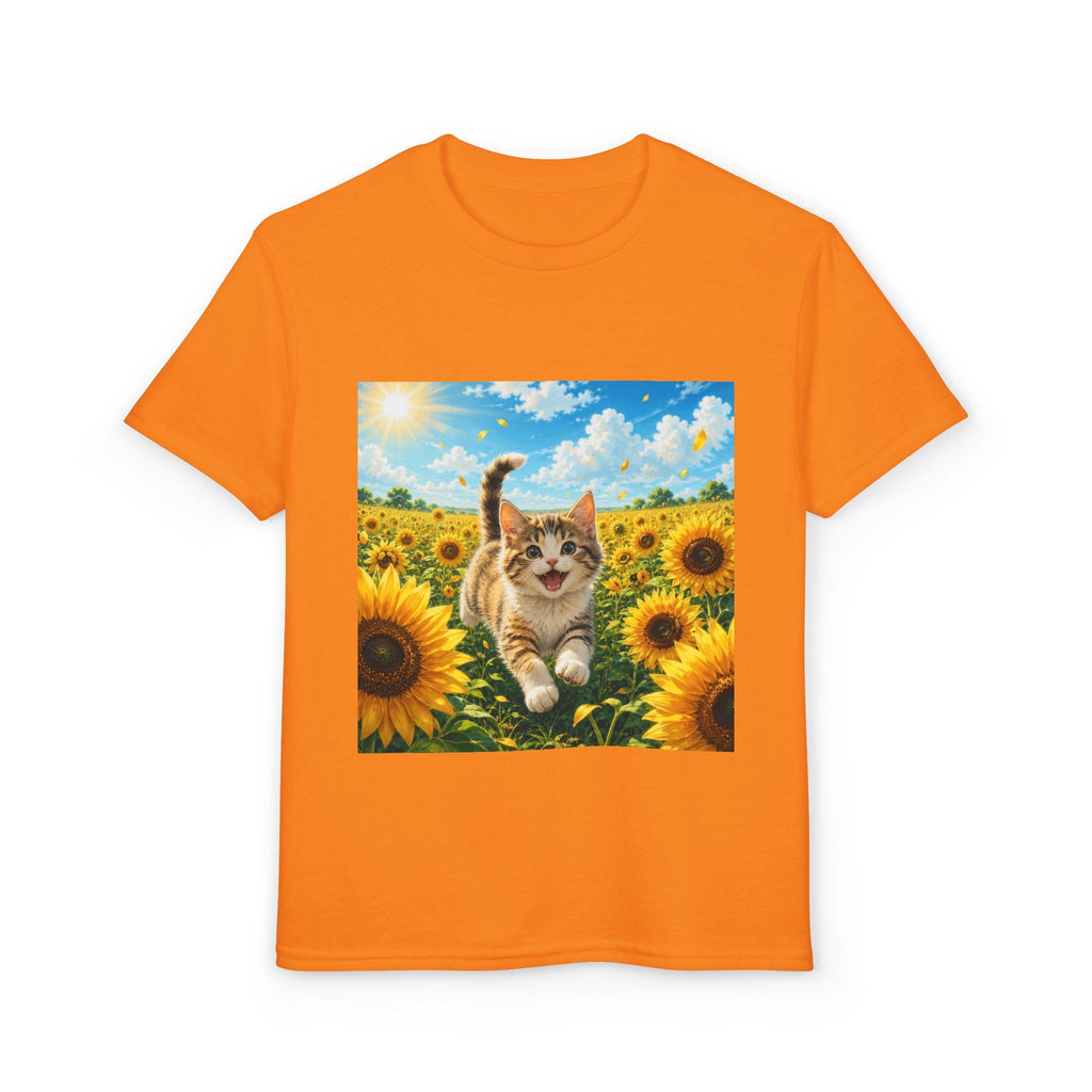 Playful Kitten in Sunflower Field Youth T-Shirt | Sunshine Cat Tee