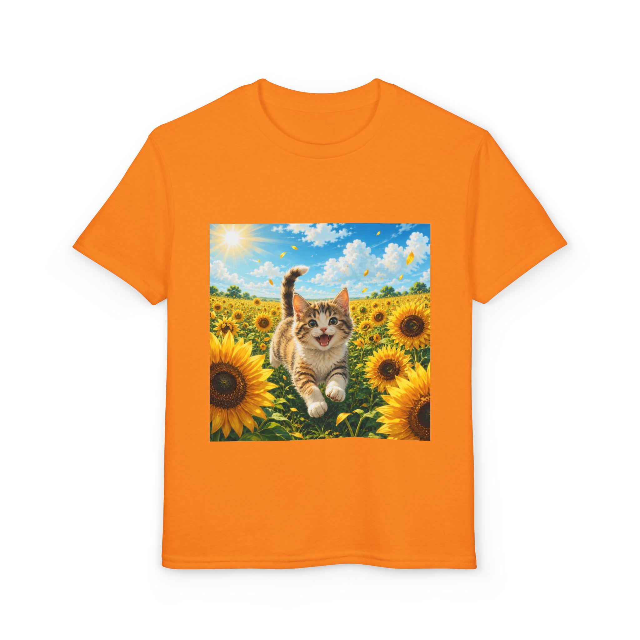 Playful Kitten in Sunflower Field Youth T-Shirt | Sunshine Cat Tee