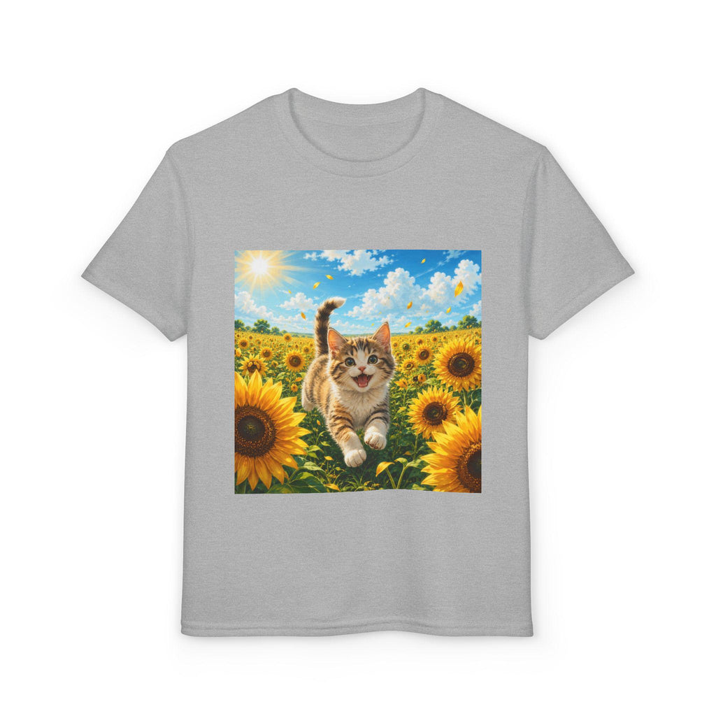 Playful Kitten in Sunflower Field Youth T-Shirt | Sunshine Cat Tee