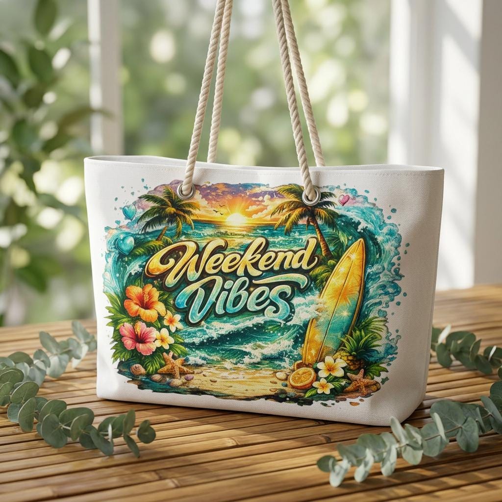 Weekend Vibes Surf Scene Weekender Bag | Tropical Beach, Surfboard, Sunset