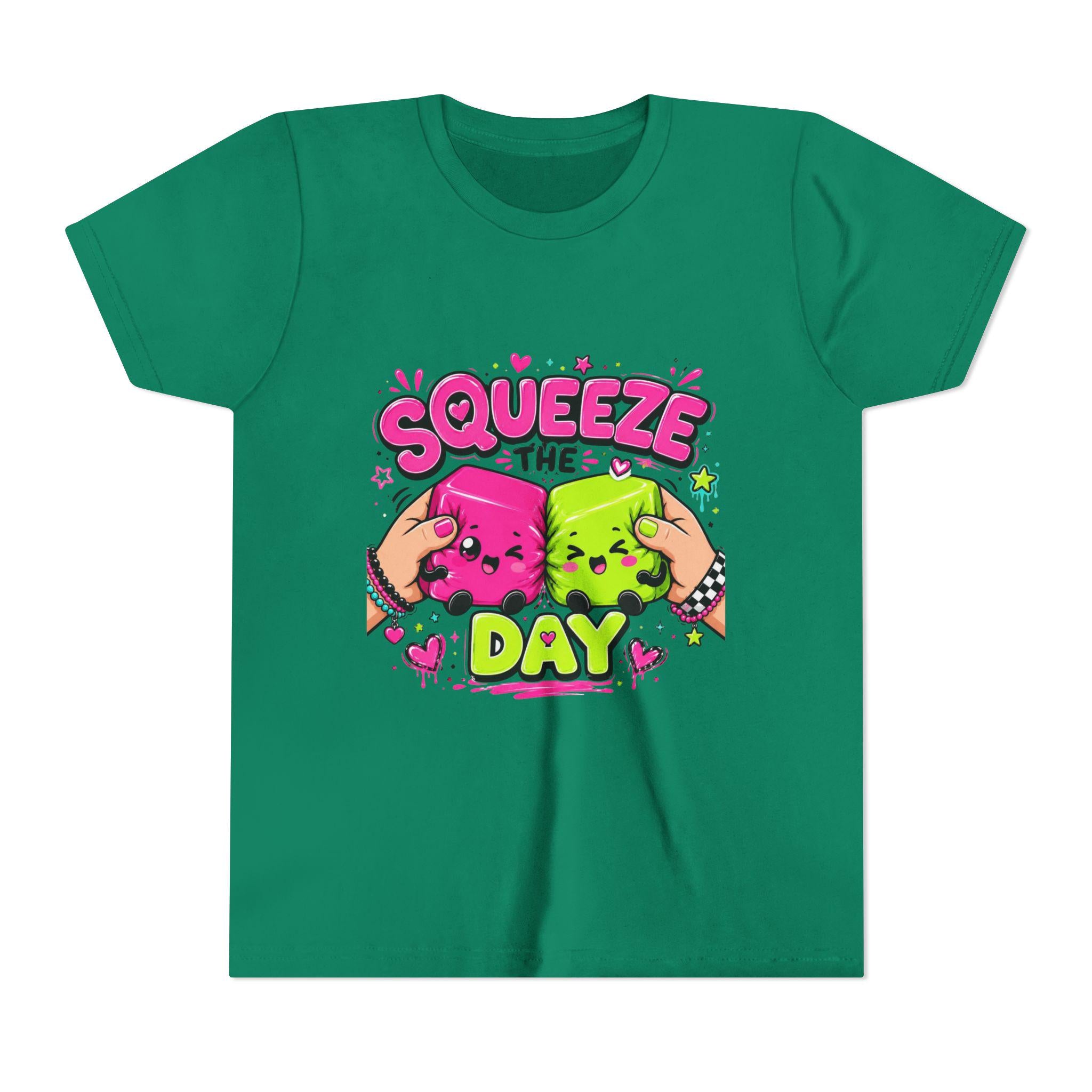 Squeeze the Day Youth Tee | Cute Squishy Characters, Pink & Green Cartoon