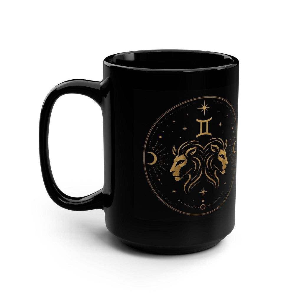 Gold Gemini Zodiac Leo Heads Mug | Black 15oz Astrology Coffee Cup
