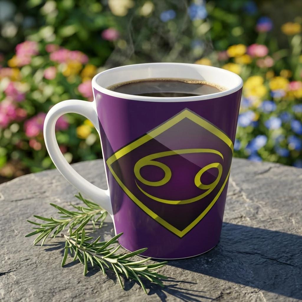 Cancer Zodiac Symbol Latte Mug | Astrology Coffee Cup, Purple Gold Horoscope