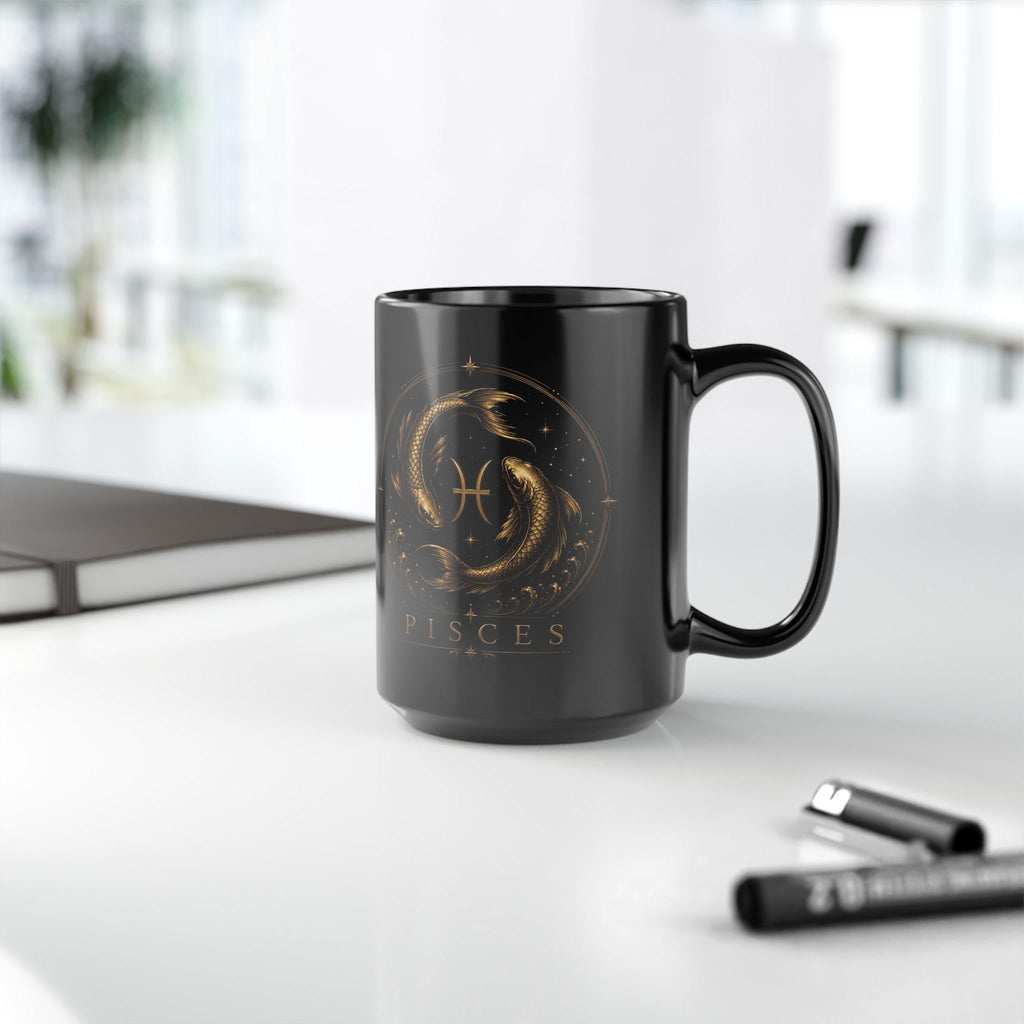 Pisces Zodiac Fish Mug | Black 15oz Ceramic Coffee Cup