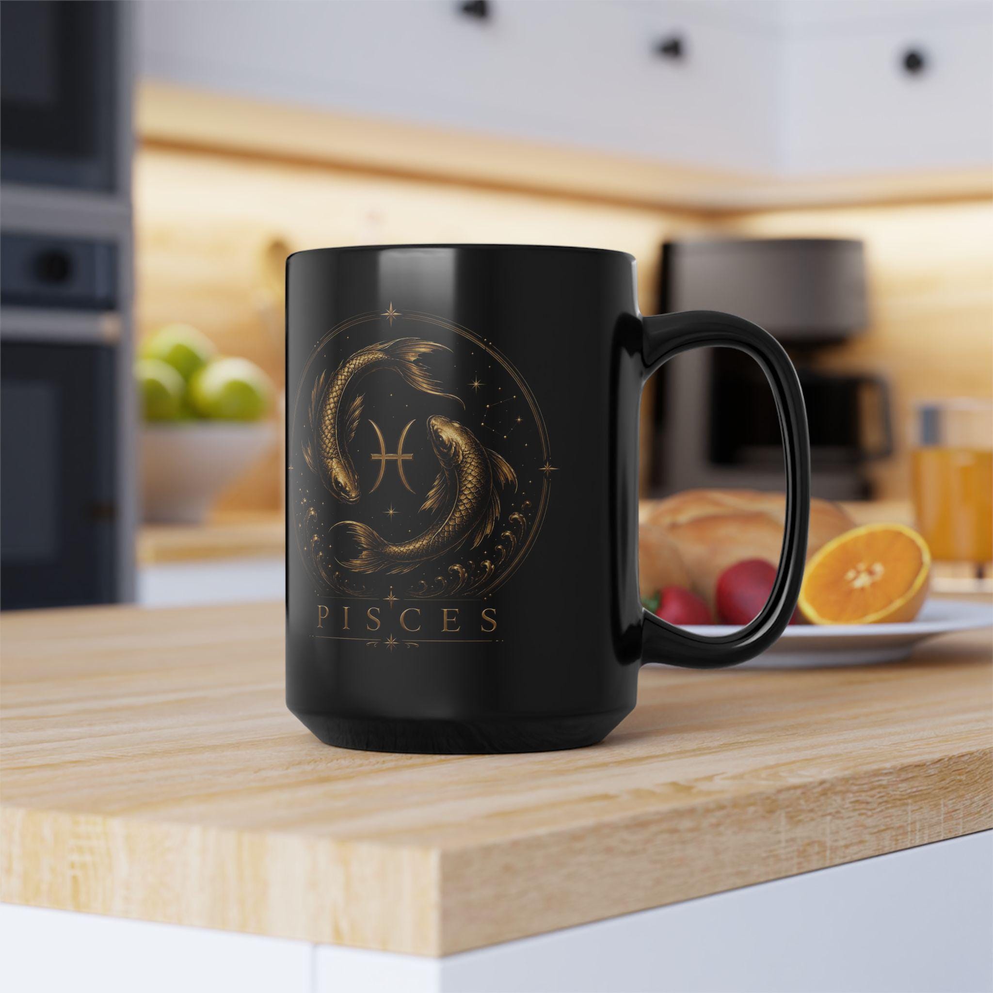 Pisces Zodiac Fish Mug | Black 15oz Ceramic Coffee Cup