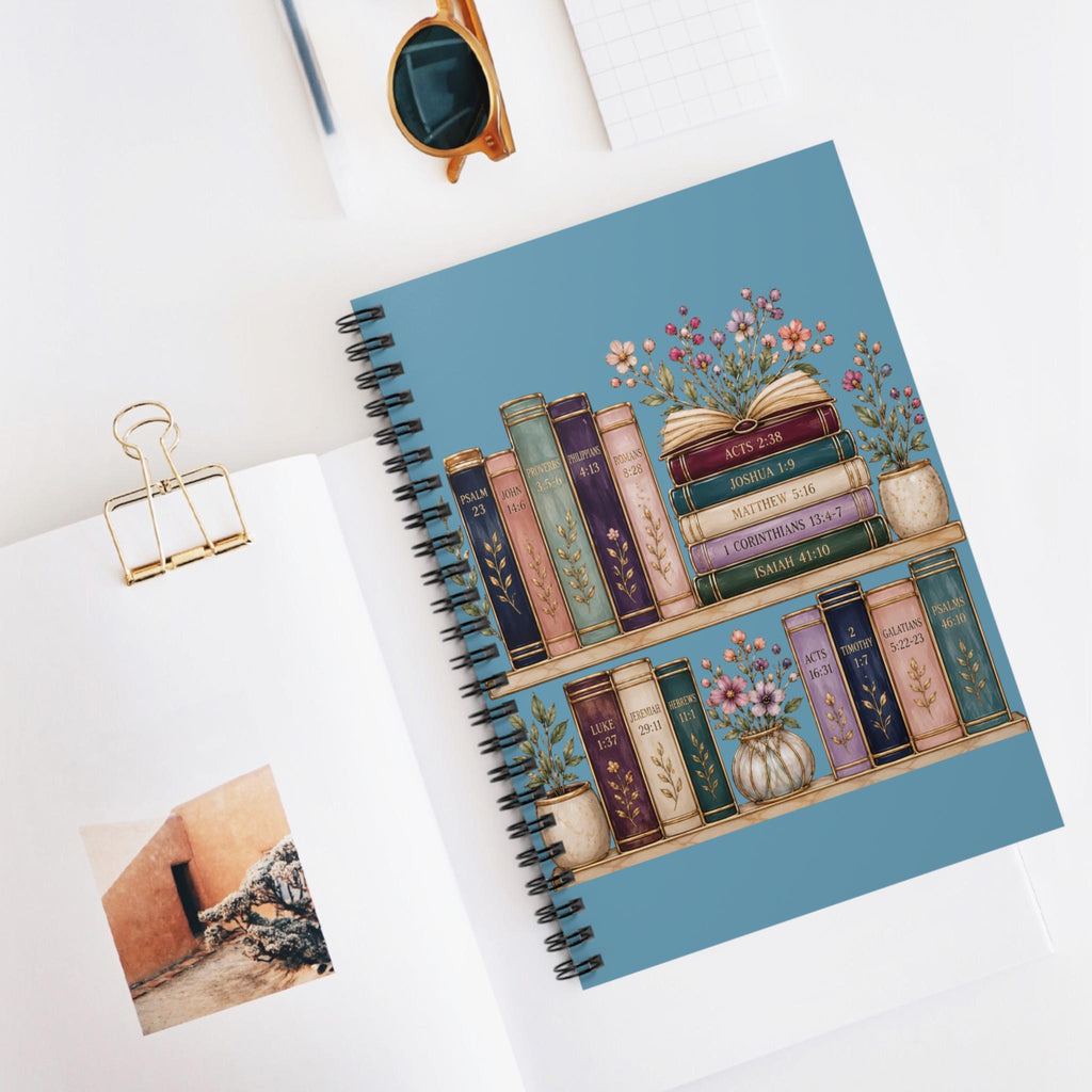 Stack of Vintage Books Notebook | Spiral Ruled Journal, Floral Bookshelf Design