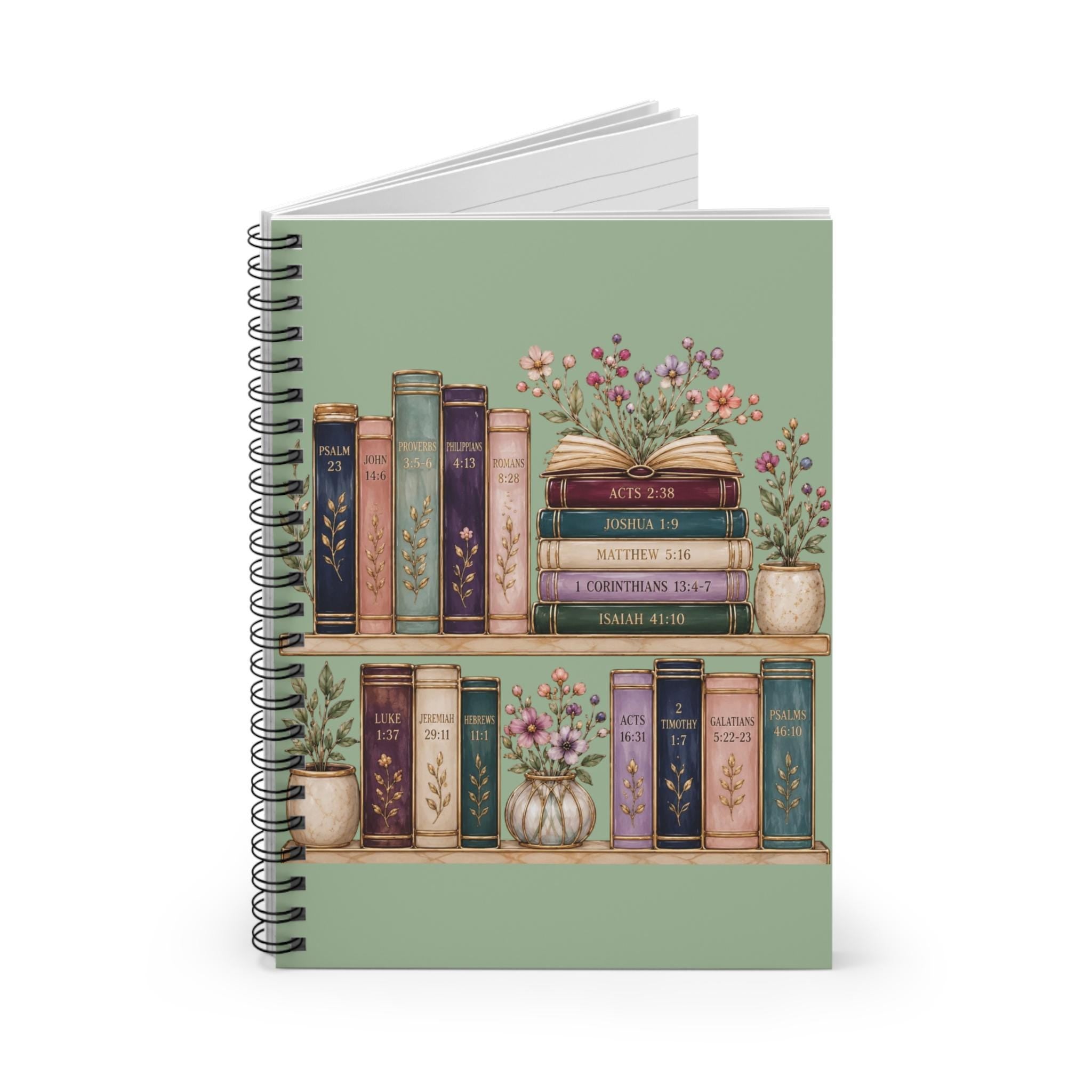 Floral Bookshelf Illustration Spiral Notebook | Ruled Journal