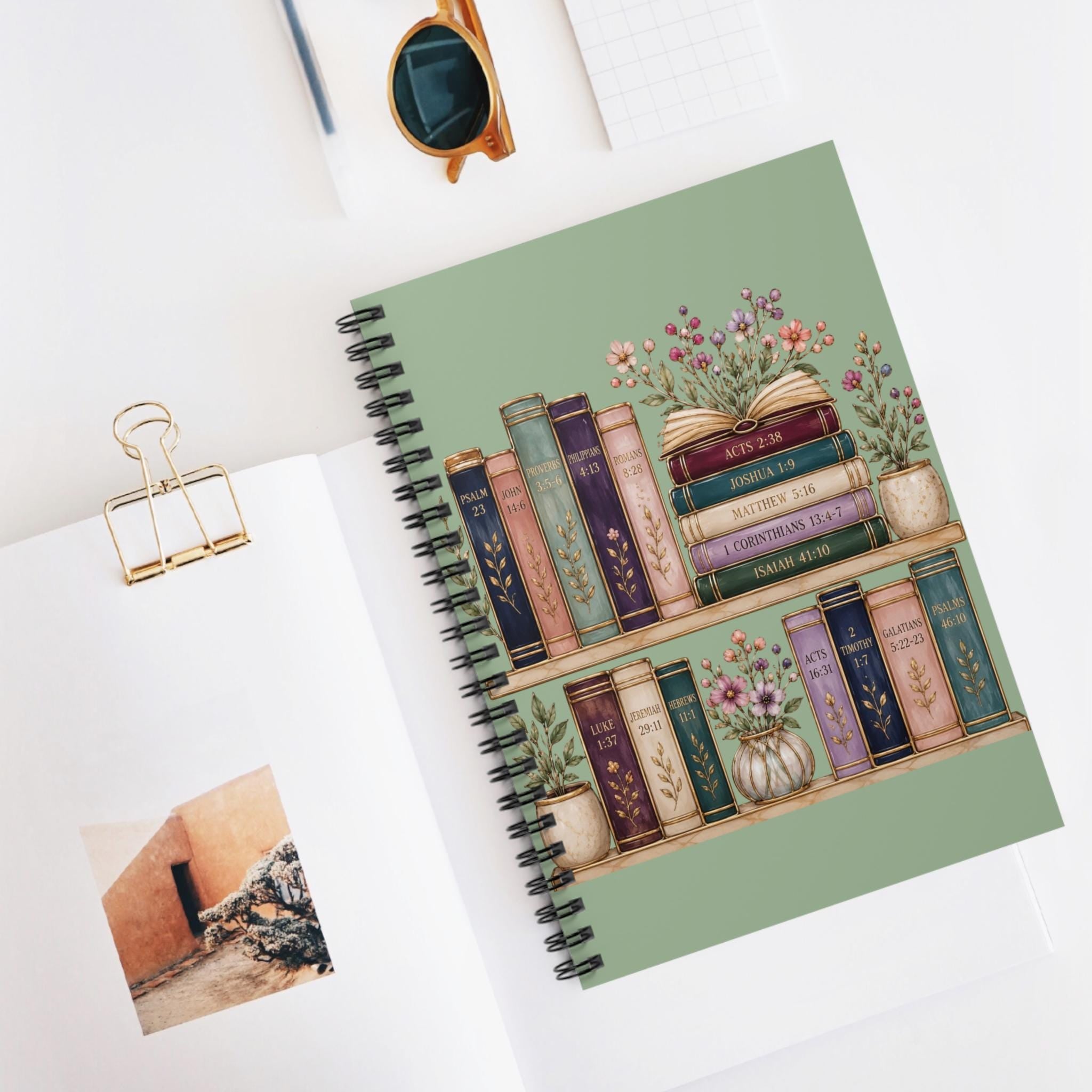 Floral Bookshelf Illustration Spiral Notebook | Ruled Journal