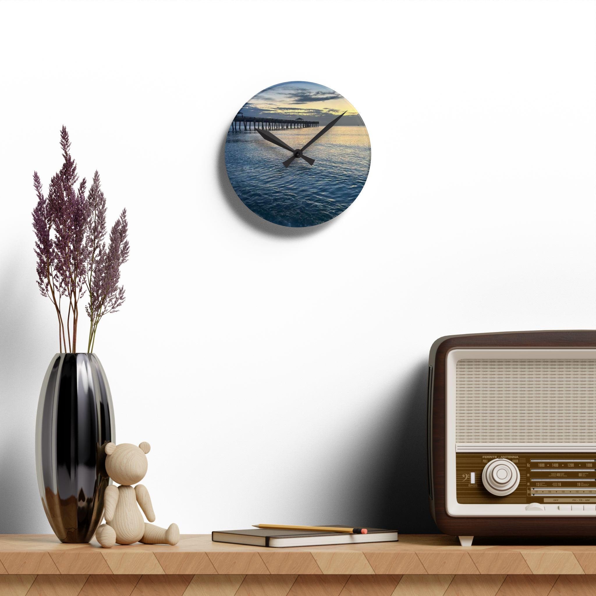 Sunset Pier Seascape Acrylic Wall Clock | Ocean Beach Sunset Scene