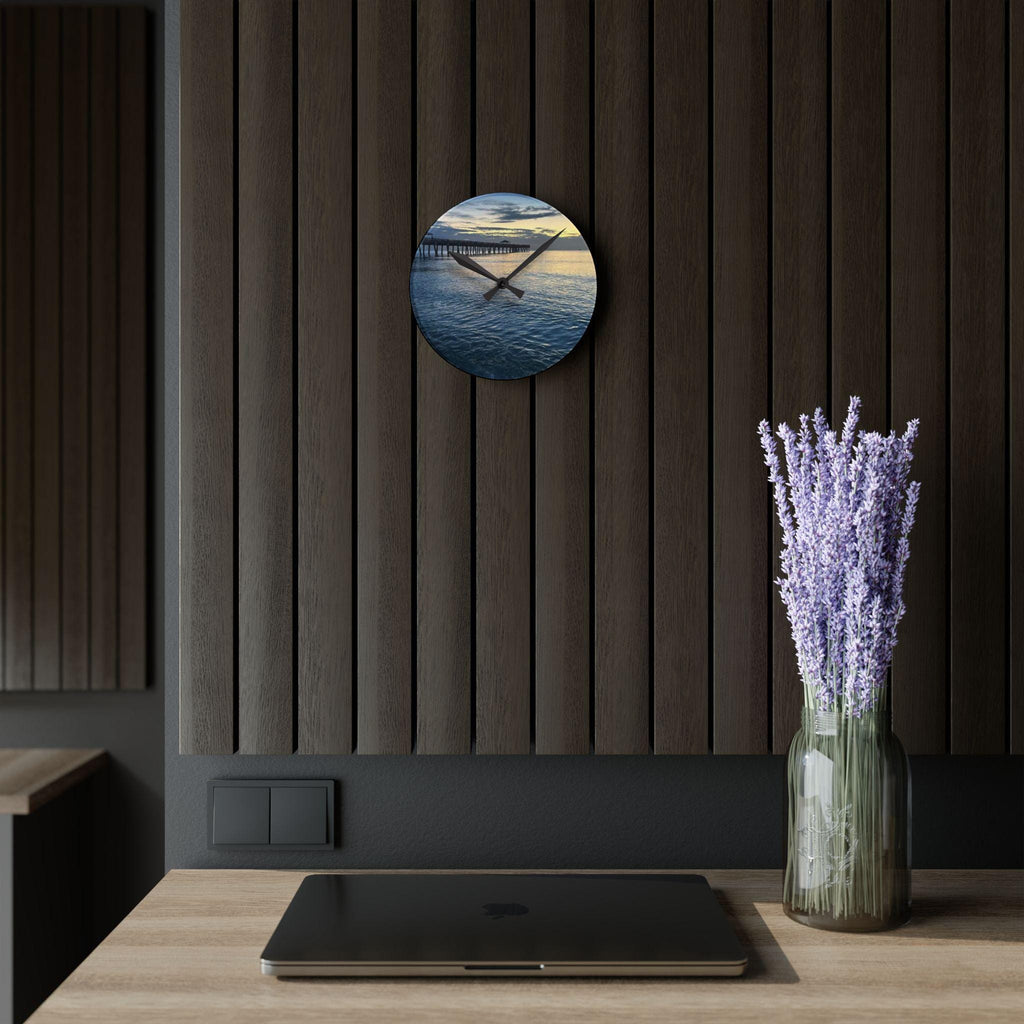 Sunset Pier Seascape Acrylic Wall Clock | Ocean Beach Sunset Scene