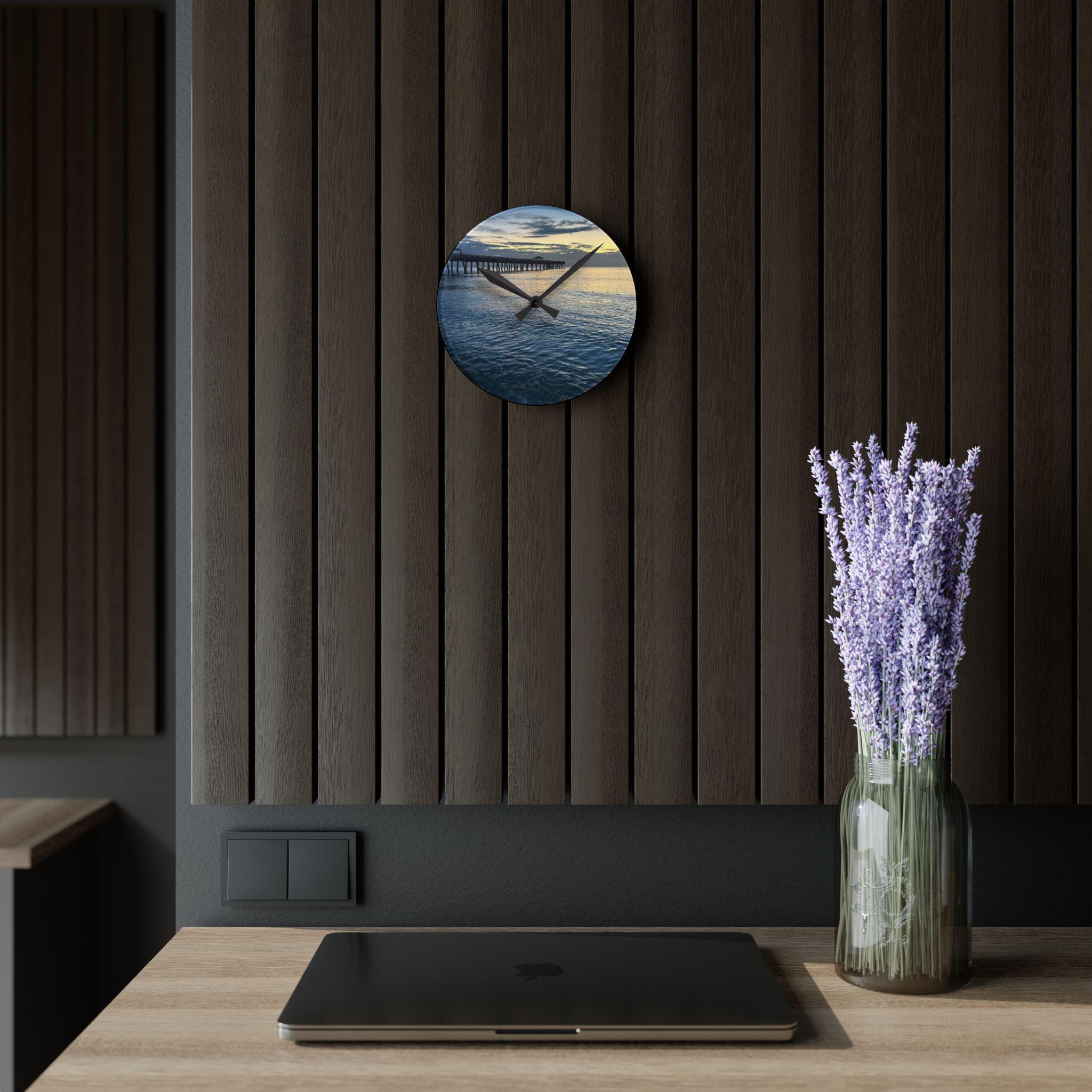 Sunset Pier Seascape Acrylic Wall Clock | Ocean Beach Sunset Scene