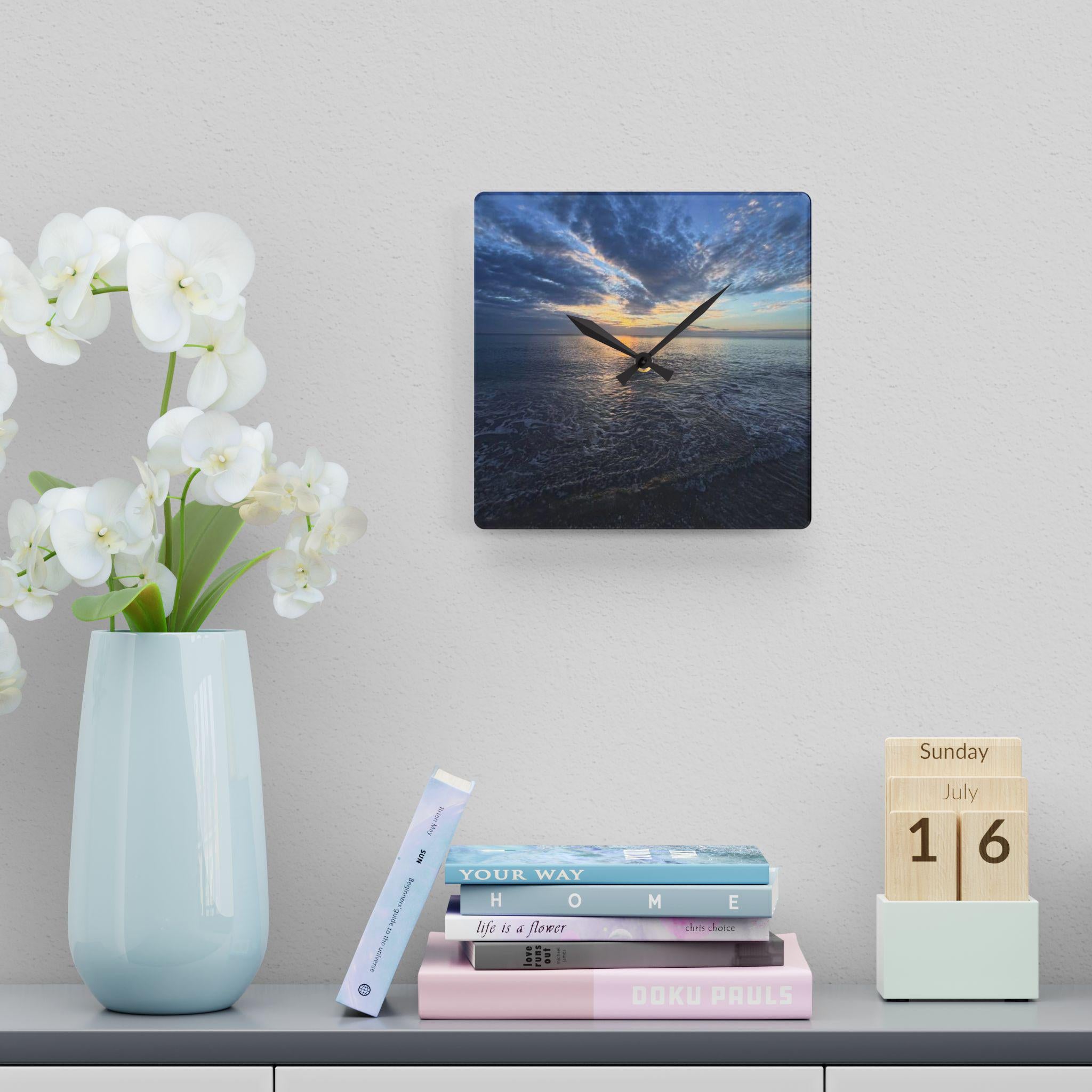 Seascape Sunset Acrylic Wall Clock | Ocean Horizon Photo Clock
