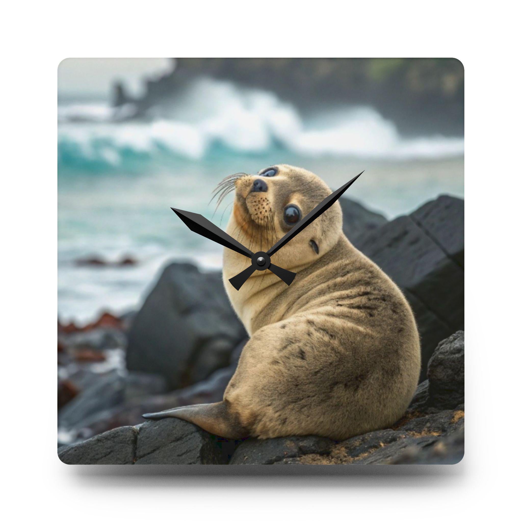 Seal Pup Photo Acrylic Wall Clock | Ocean Beach Wildlife Decor