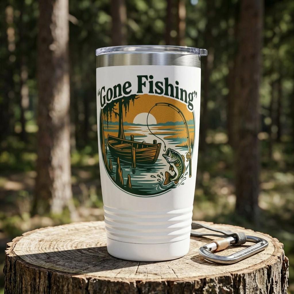 Gone Fishing Ringneck Tumbler, 20oz | Fishing Lake Scene Insulated Travel Cup