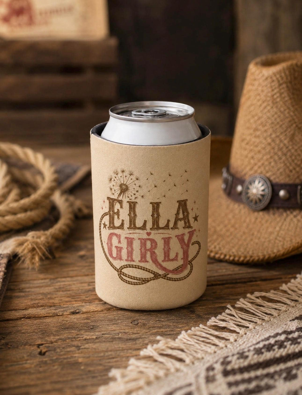 Ella Girly Can Cooler, Dandelion Drink Sleeve, Beer Koozie, Gift for Country Music Lovers