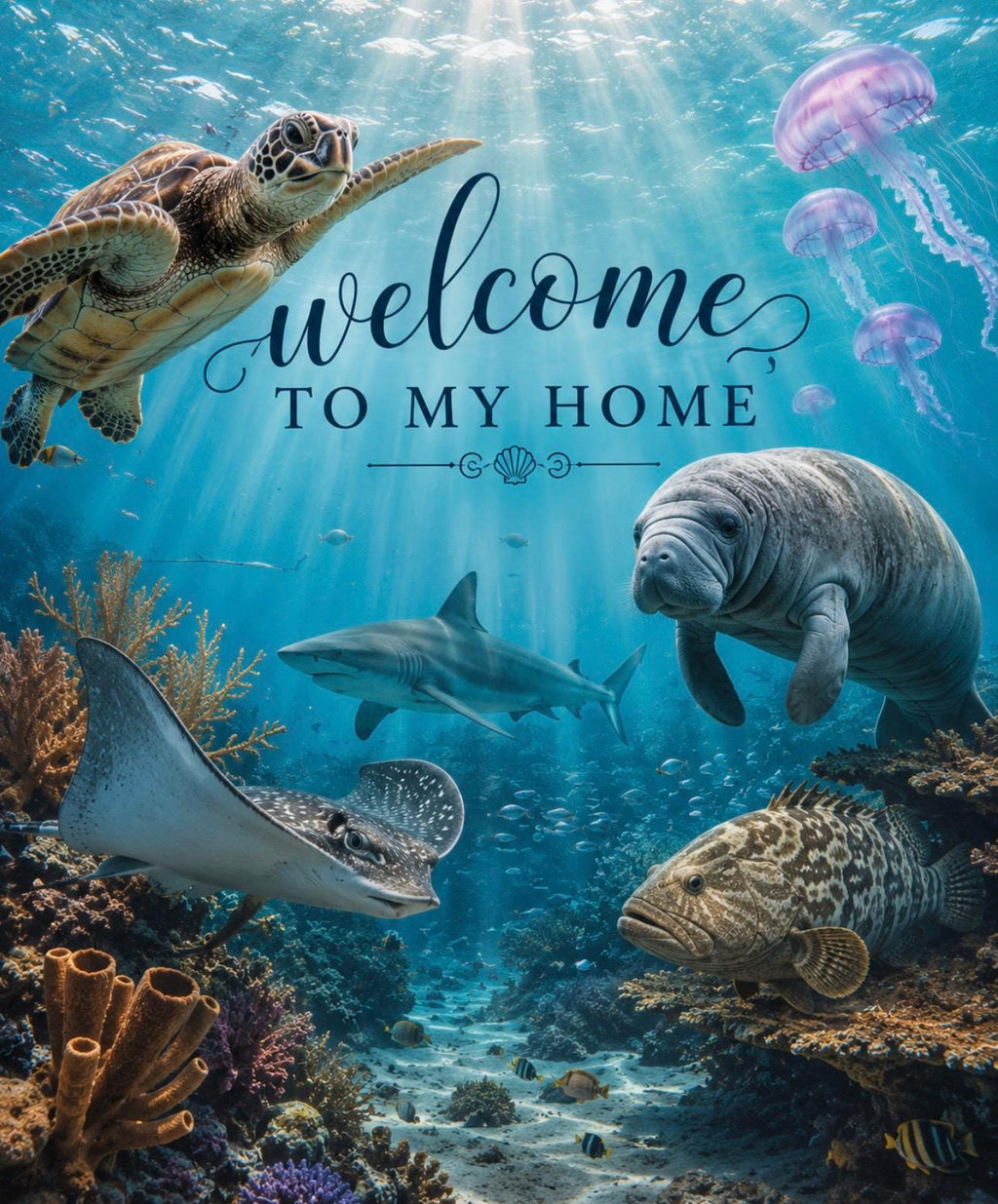 Welcome to My Home Ocean Wall Decor, Coastal Beach House Decor, Sea Turtle Manatee Stingray Digital Download