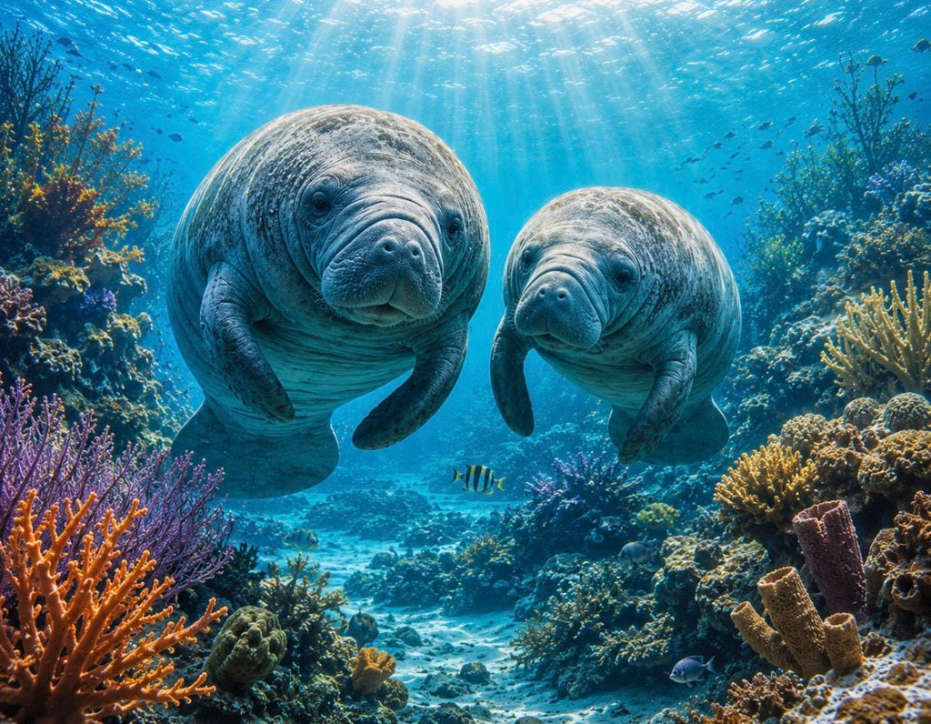 Two Manatees Ocean Wall Art Print | Coastal Digital Download | Underwater Sea Life Decor