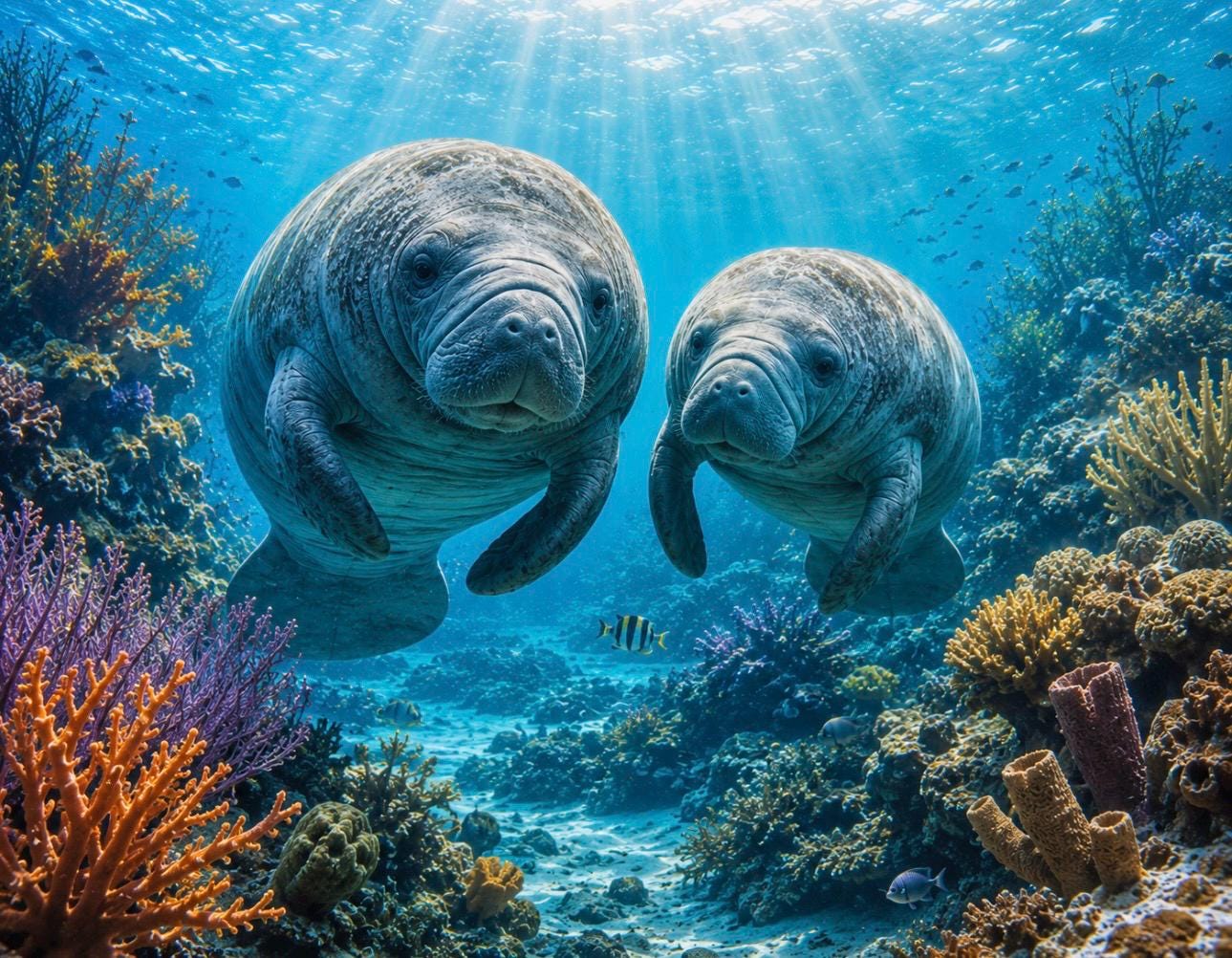 Two Manatees Ocean Wall Art Print | Coastal Digital Download | Underwater Sea Life Decor