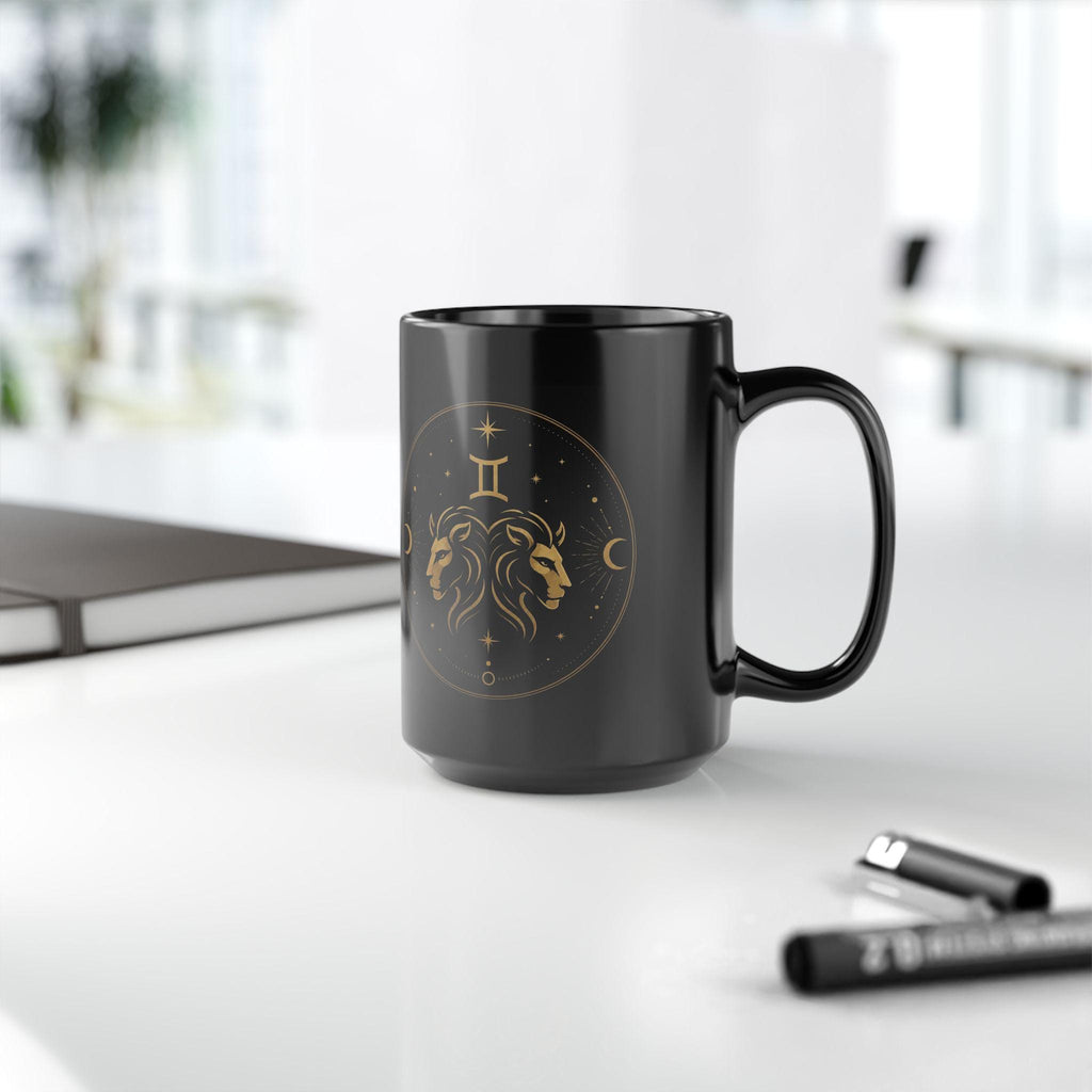 Gold Gemini Zodiac Leo Heads Mug | Black 15oz Astrology Coffee Cup