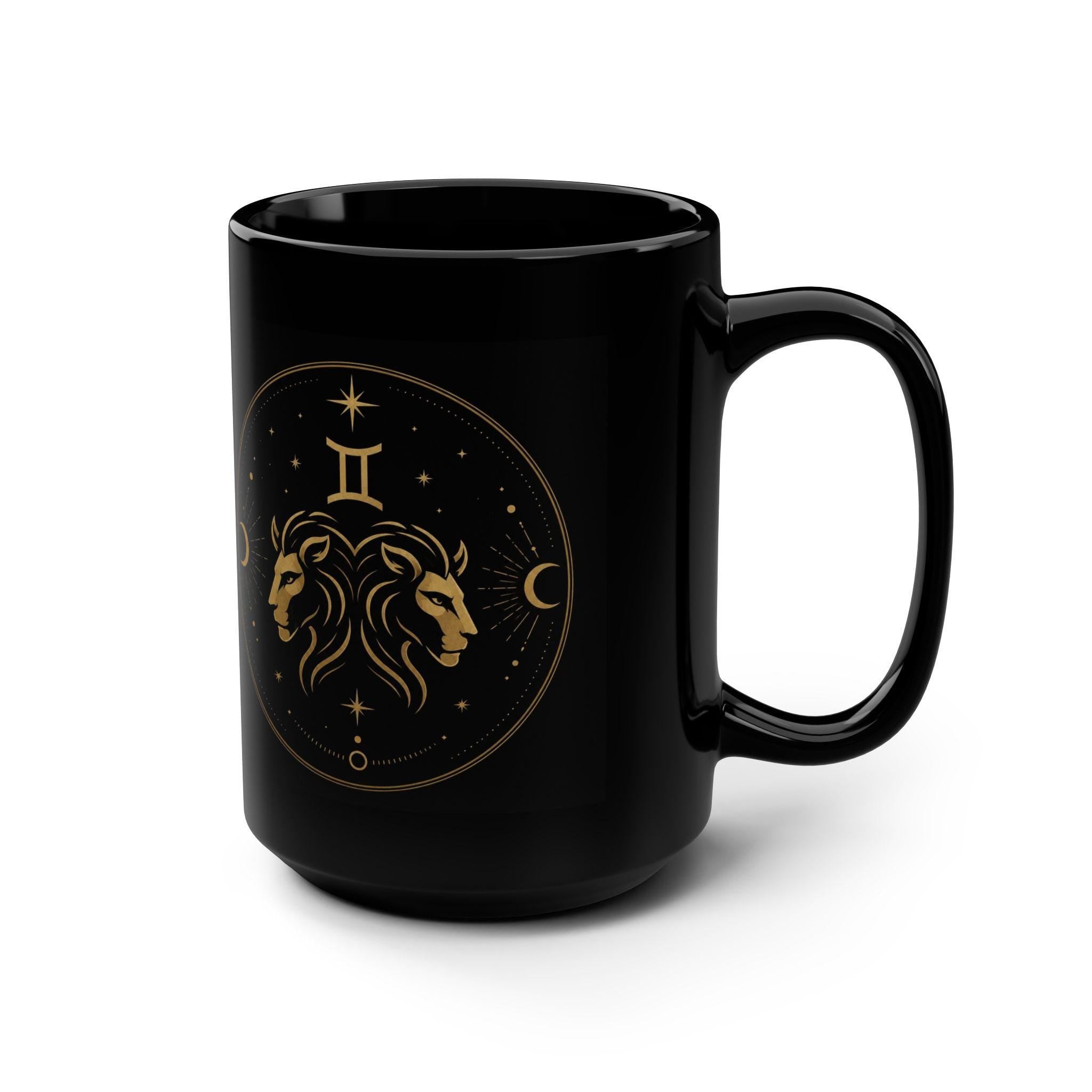 Gold Gemini Zodiac Leo Heads Mug | Black 15oz Astrology Coffee Cup