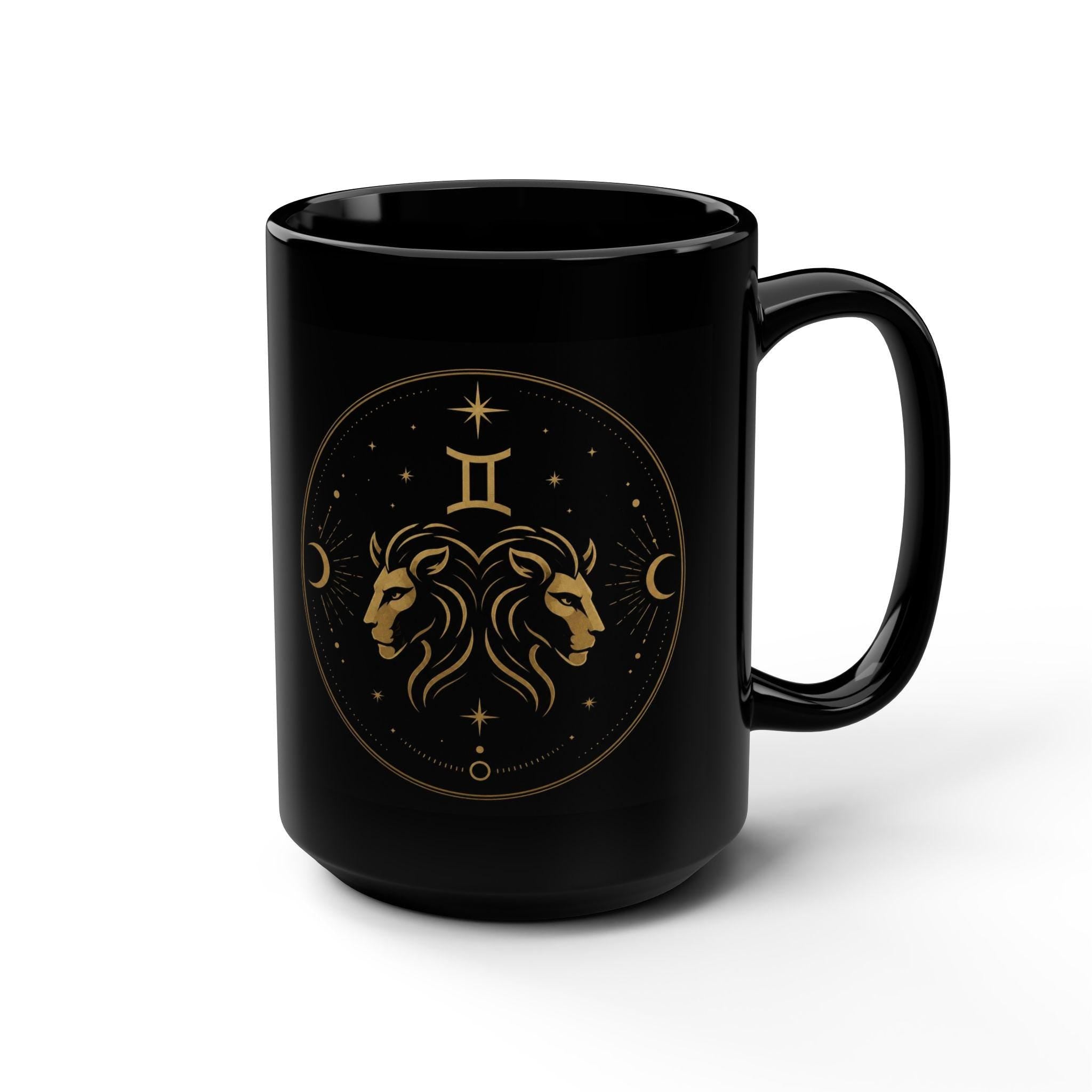 Gold Gemini Zodiac Leo Heads Mug | Black 15oz Astrology Coffee Cup