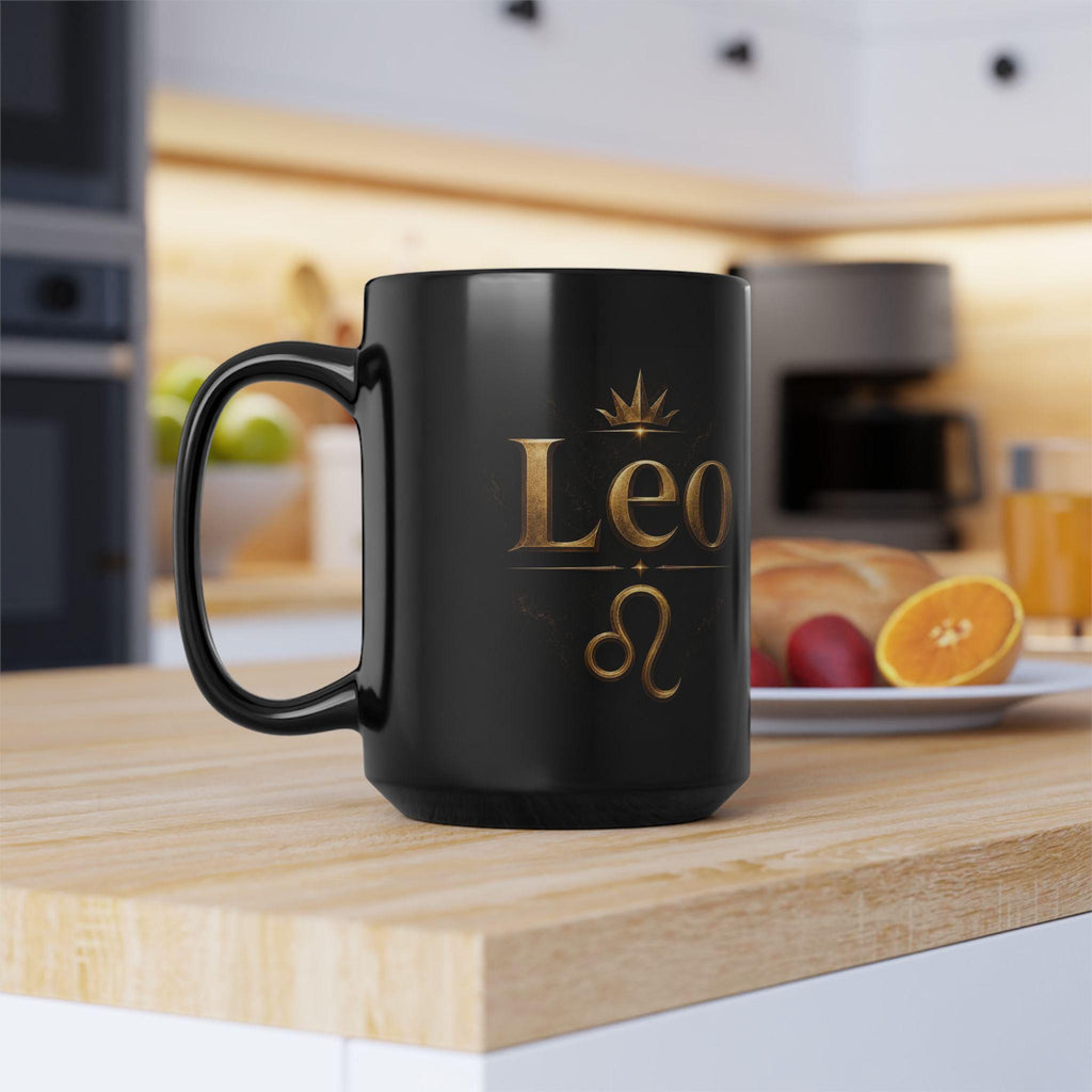 Leo Zodiac Gold Script Mug | Black Ceramic 15oz