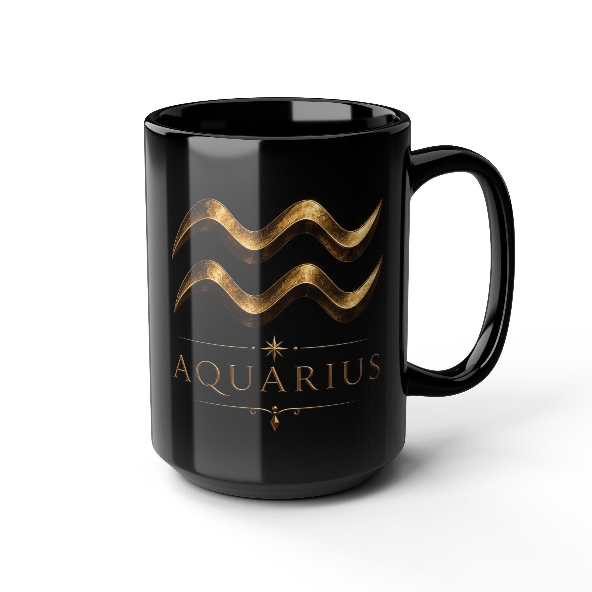 Gold Aquarius Zodiac Symbol Mug | Black 15oz Ceramic