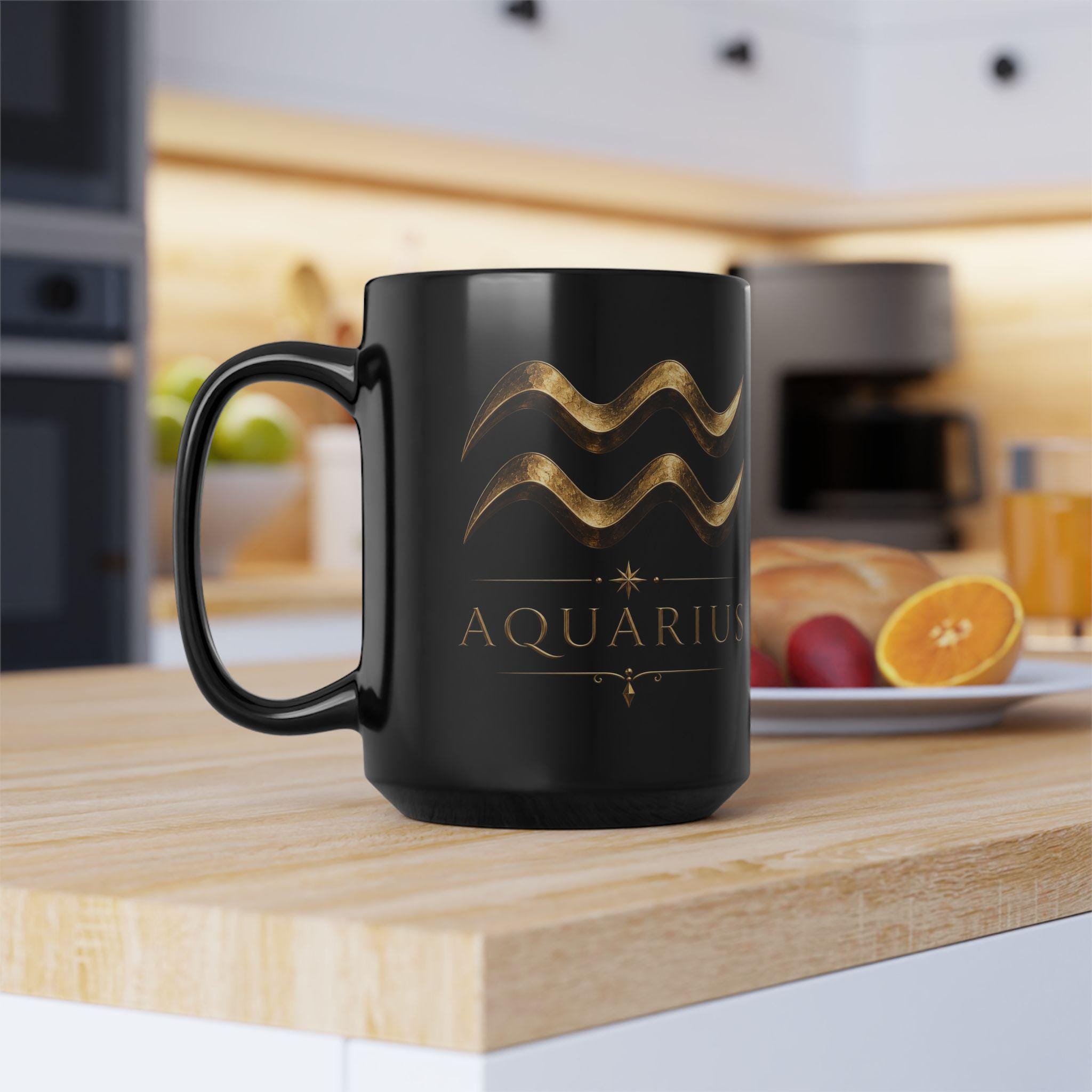 Gold Aquarius Zodiac Symbol Mug | Black 15oz Ceramic