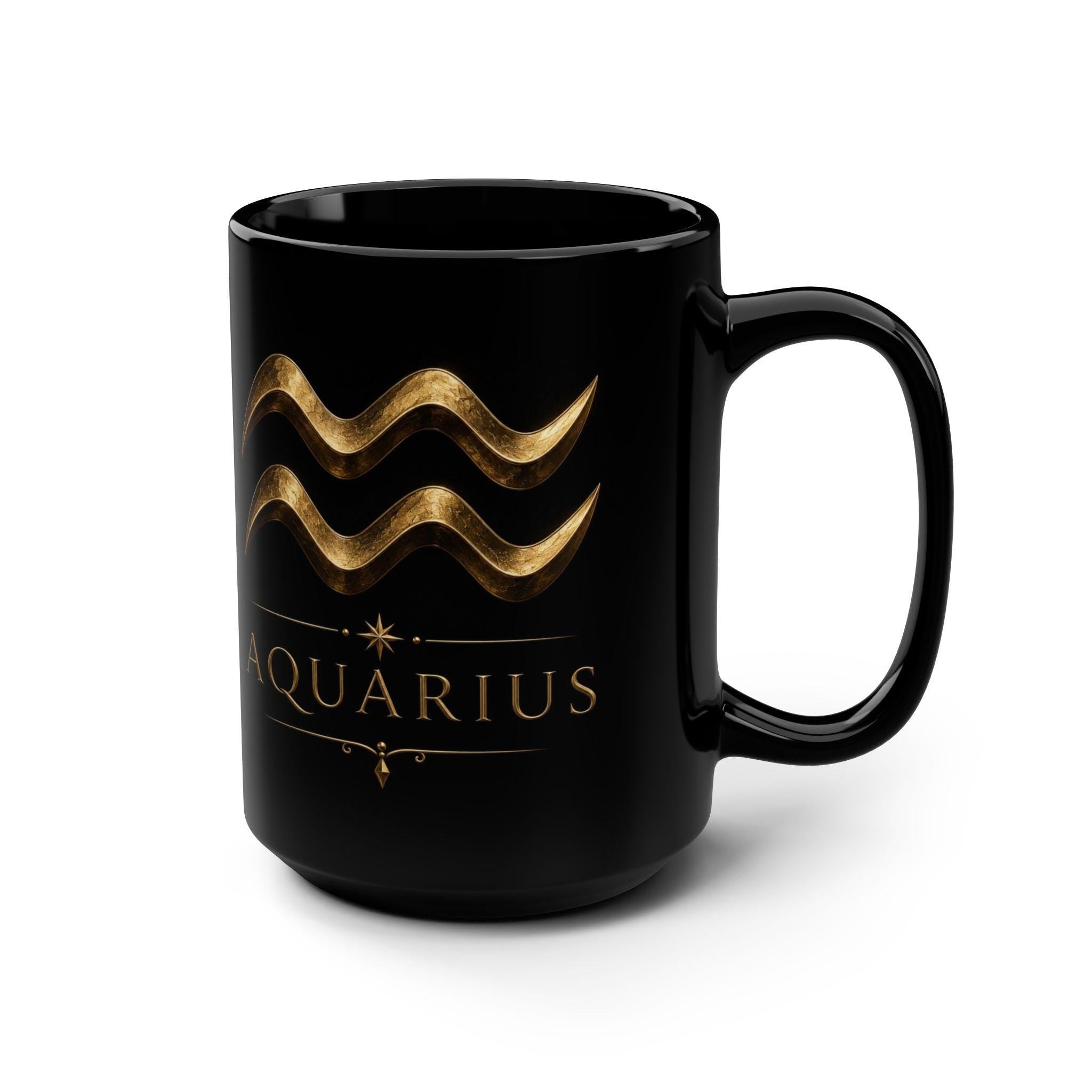 Gold Aquarius Zodiac Symbol Mug | Black 15oz Ceramic