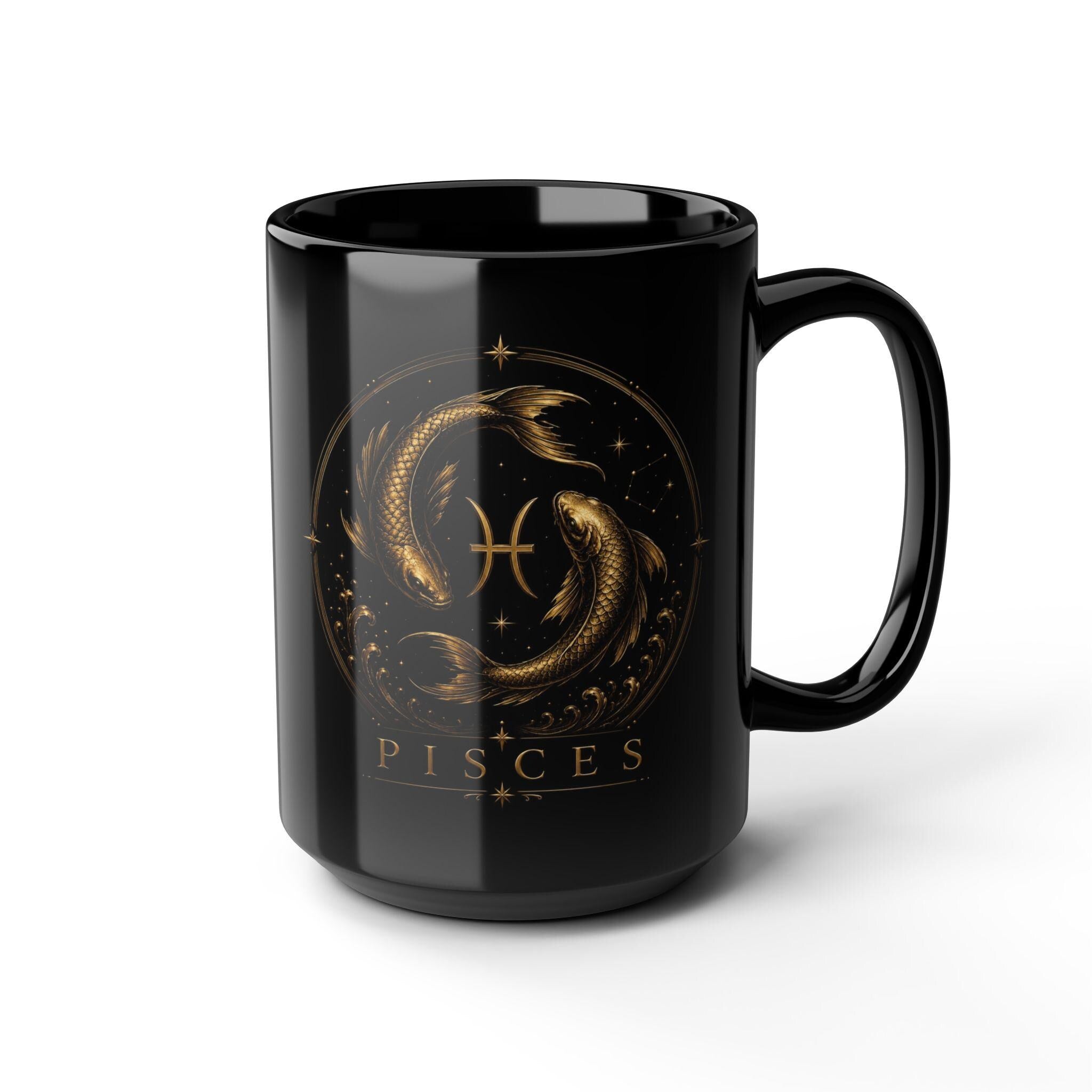 Pisces Zodiac Fish Mug | Black 15oz Ceramic Coffee Cup