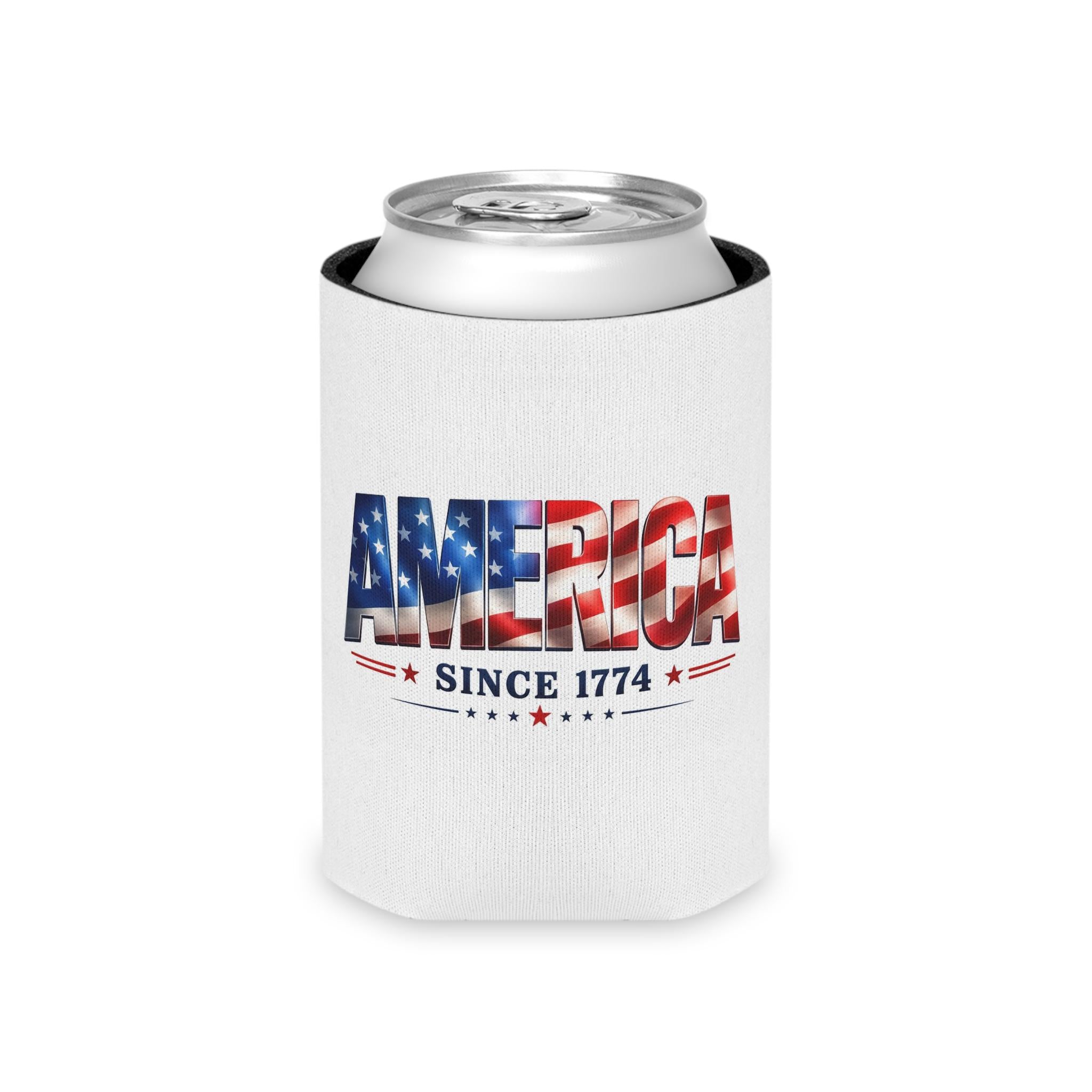 America Flag Text Can Cooler | 'America Since 1774' patriotic beverage sleeve