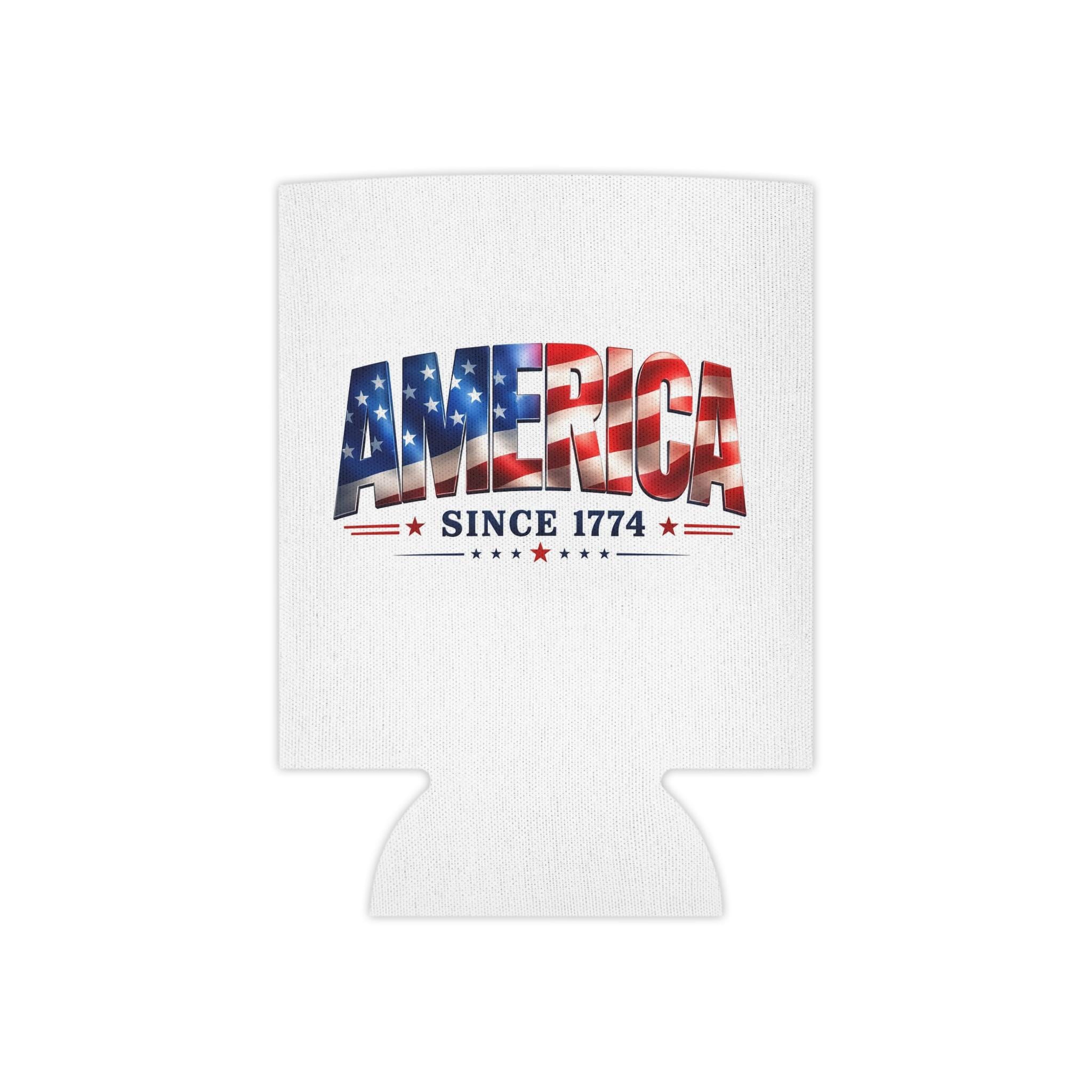 America Flag Text Can Cooler | 'America Since 1774' patriotic beverage sleeve