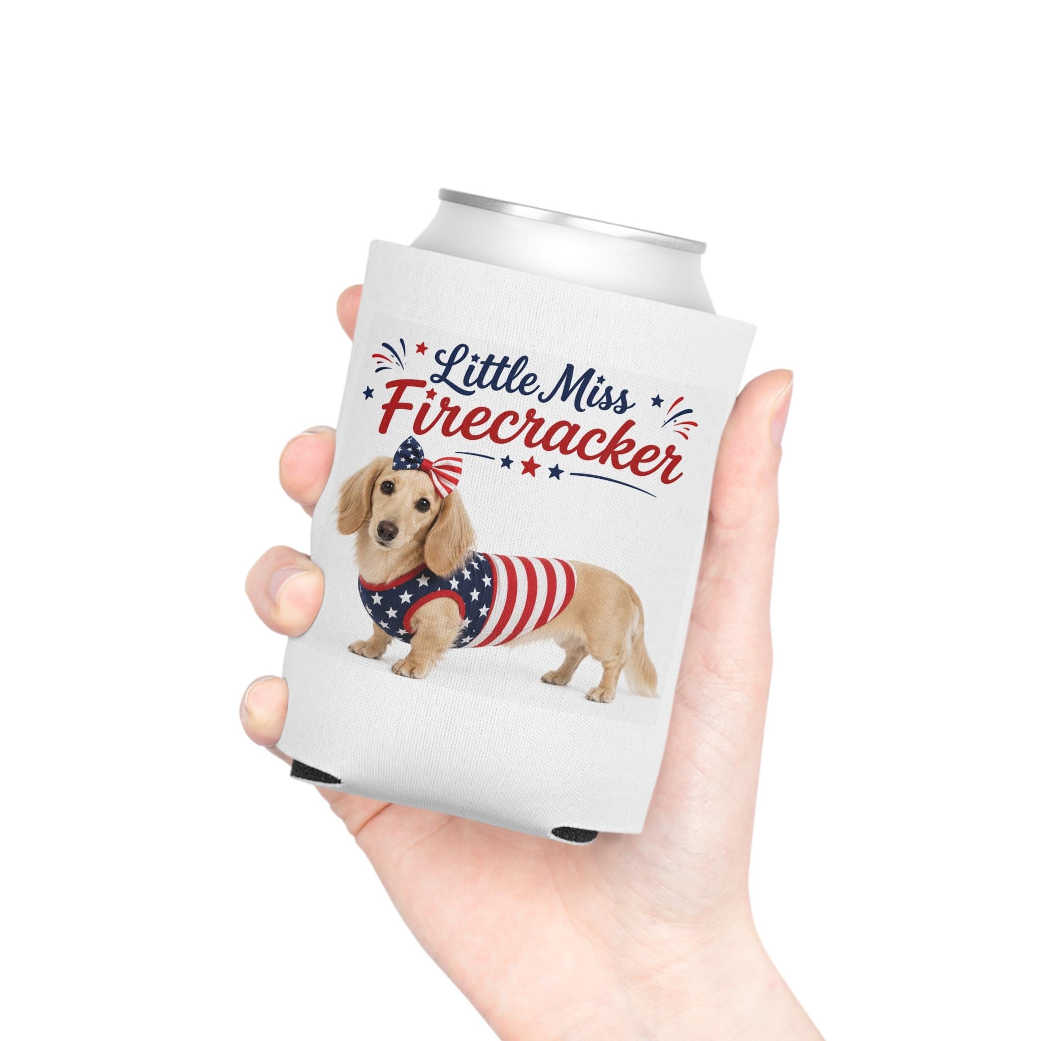 Little Miss Firecracker Dachshund Can Cooler | 4th of July Patriotic Sleeve
