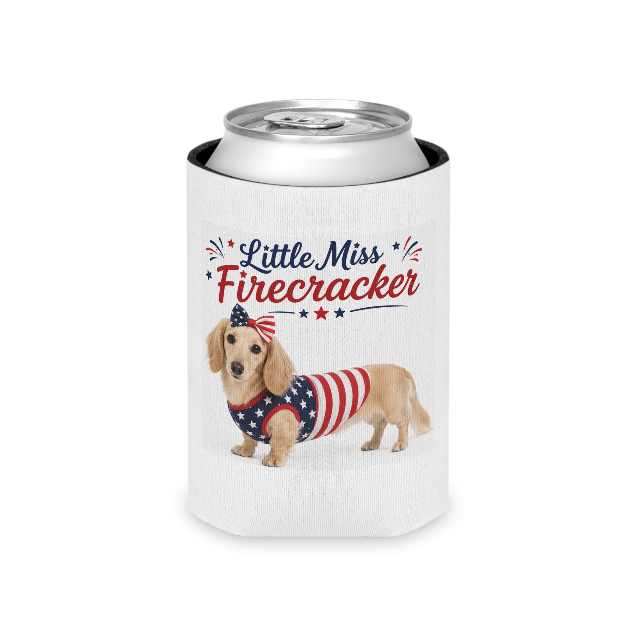 Little Miss Firecracker Dachshund Can Cooler | 4th of July Patriotic Sleeve
