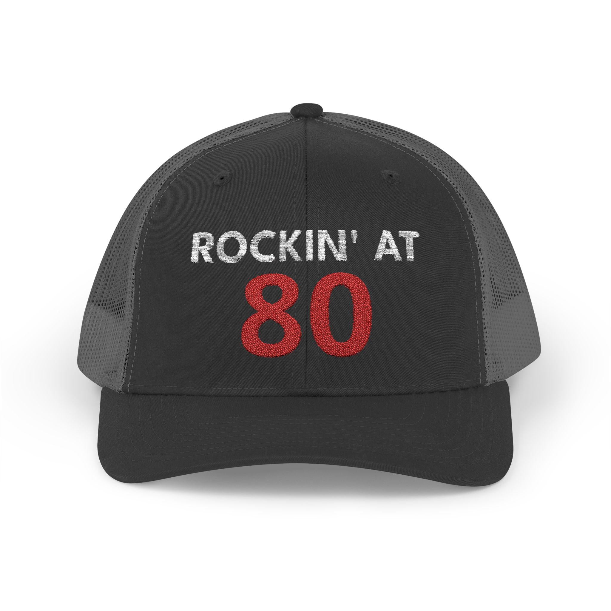 Rockin' at 80 Trucker Cap | 80th Birthday Hat, Glitter Red Number