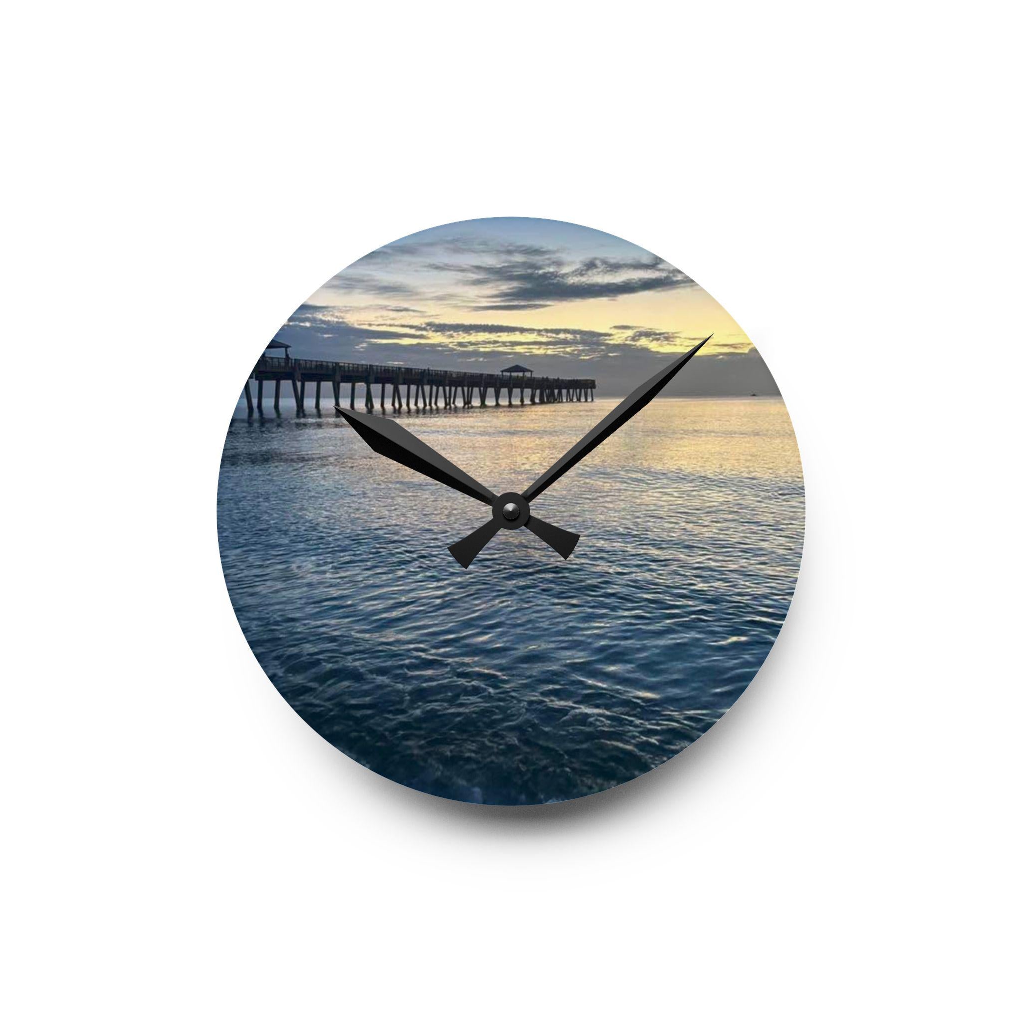 Sunset Pier Seascape Acrylic Wall Clock | Ocean Beach Sunset Scene