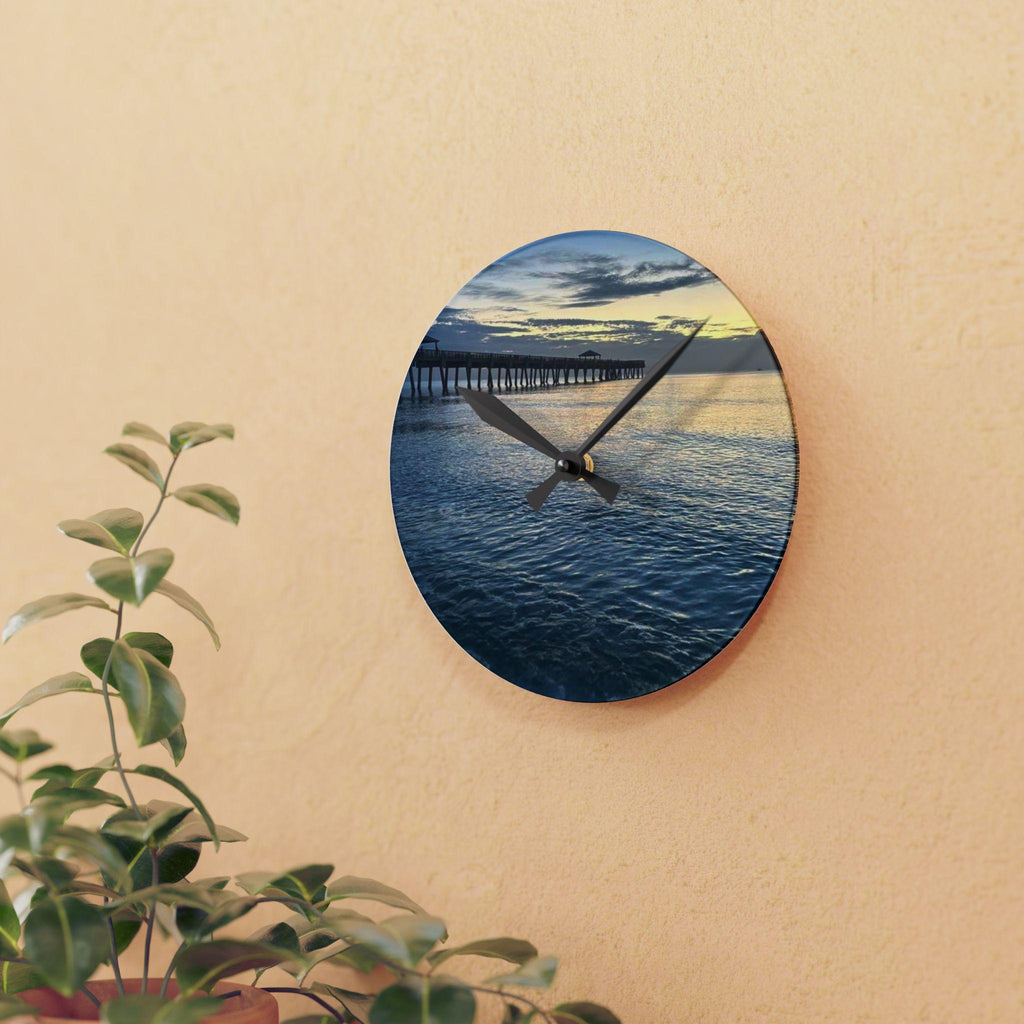 Sunset Pier Seascape Acrylic Wall Clock | Ocean Beach Sunset Scene