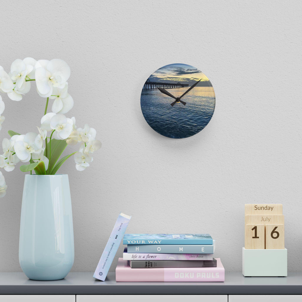 Sunset Pier Seascape Acrylic Wall Clock | Ocean Beach Sunset Scene