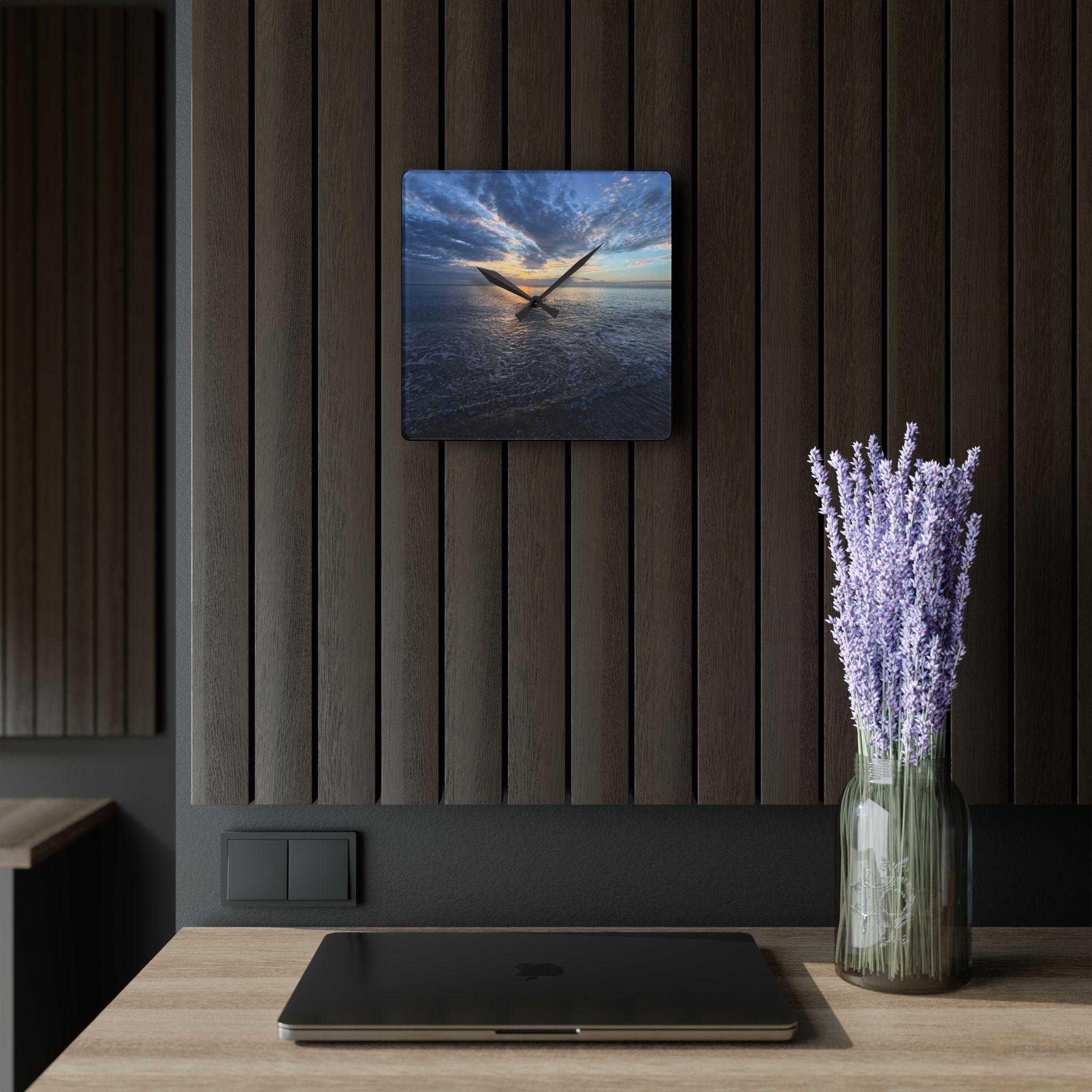 Seascape Sunset Acrylic Wall Clock | Ocean Horizon Photo Clock