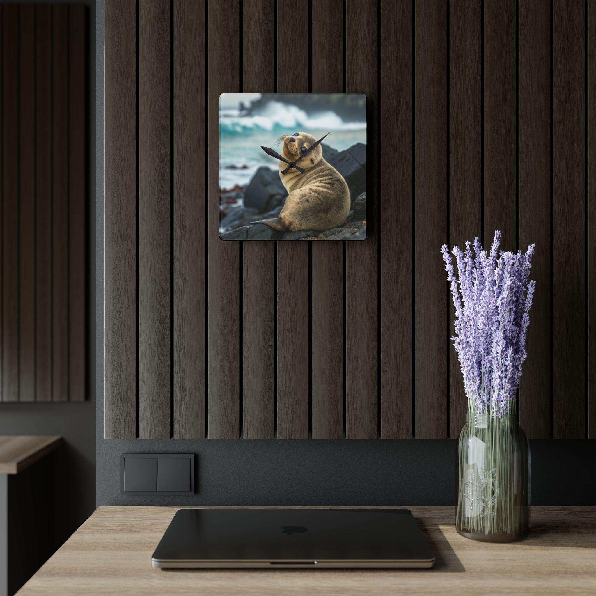 Seal Pup Photo Acrylic Wall Clock | Ocean Beach Wildlife Decor