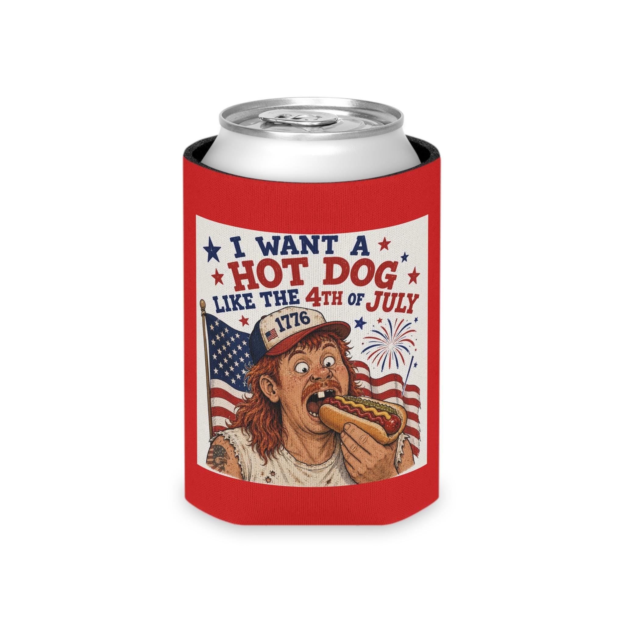 I Want a Hot Dog Like the 4th of July Can Cooler | Patriotic Hot Dog Graphic